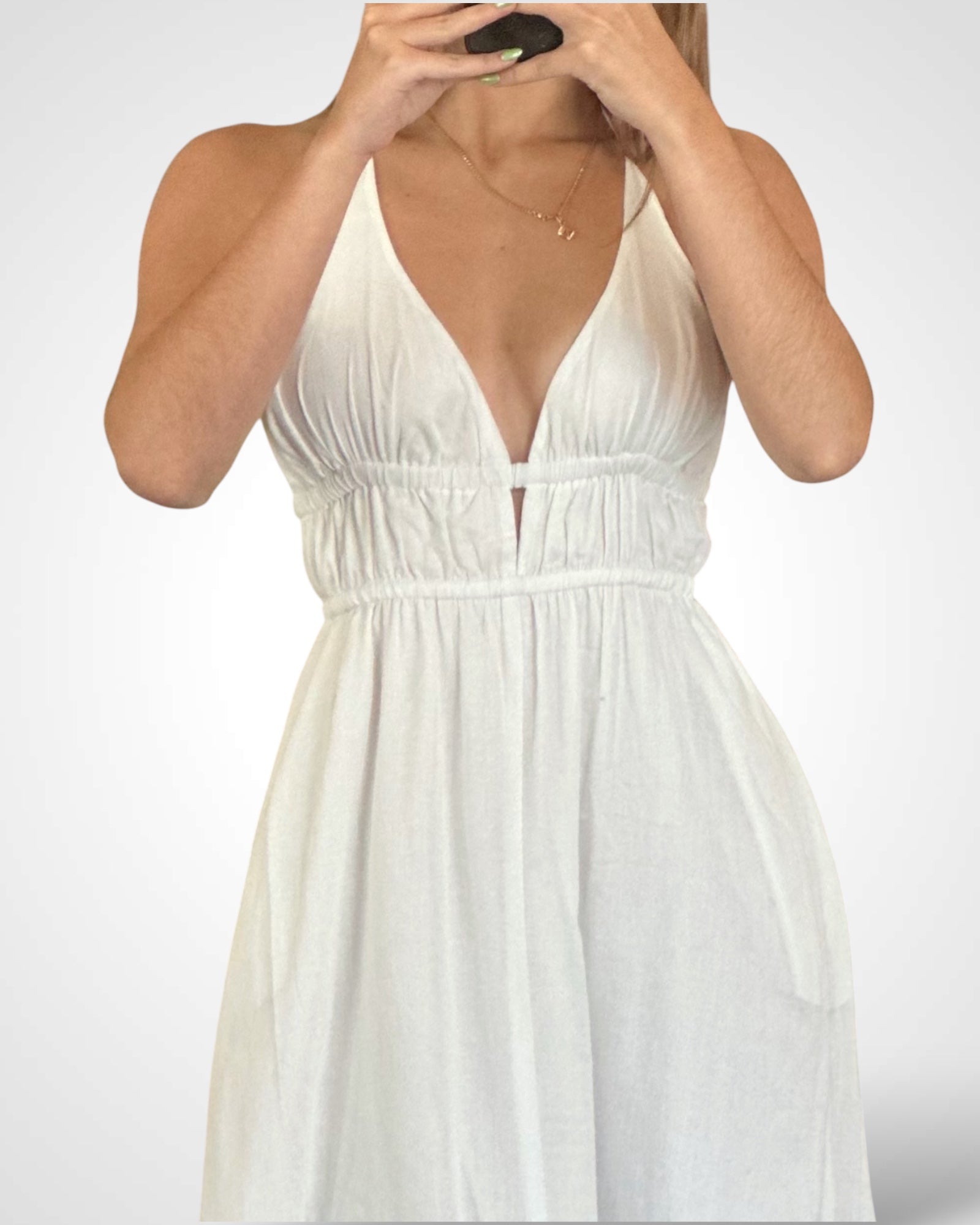 SJQ HALTER PLUNGING NECK SHIRRED WAIST MAXI DRESS