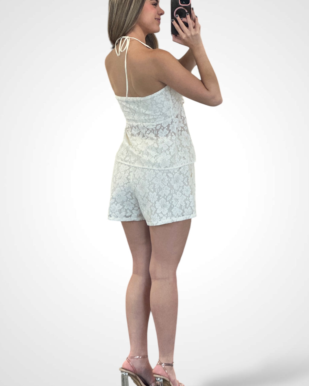 Lace Halter Tie Front Top