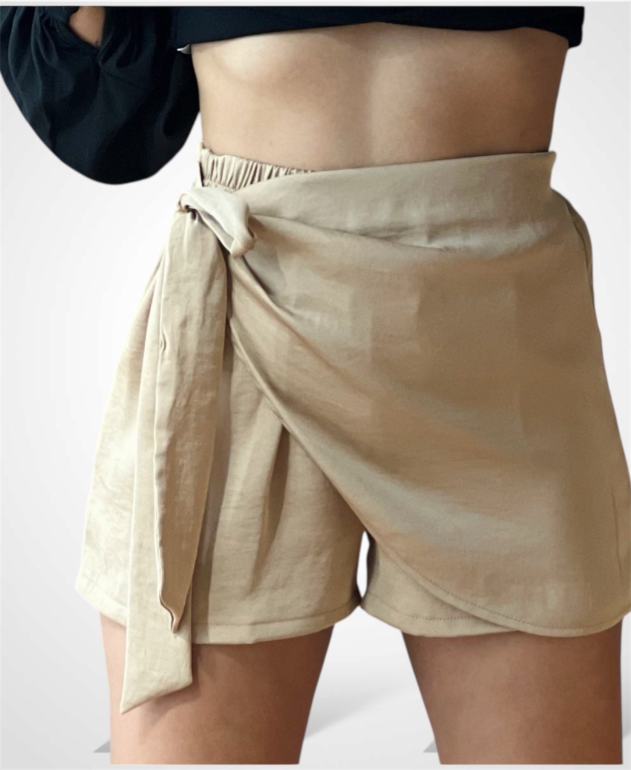 Washed Poly Silk Side Tie Skort Shorts•