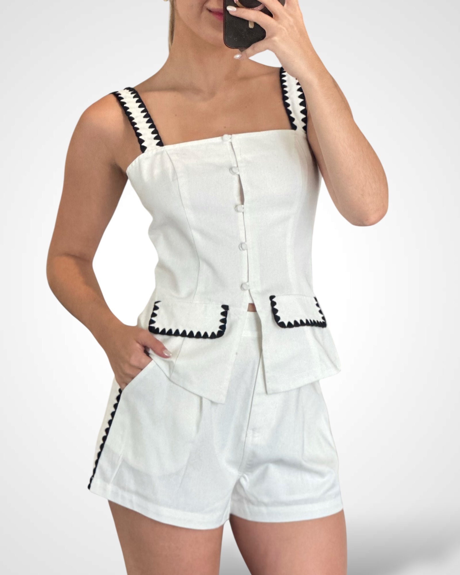 SJQ-Embroidered Square Neck Top And Shorts Set