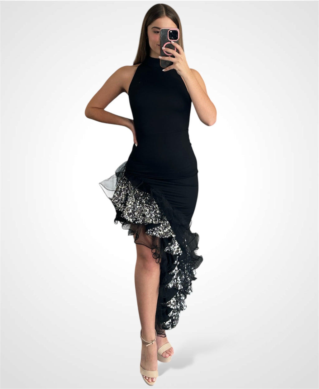 SEQUIN RUFFLE ASSYM DRESS