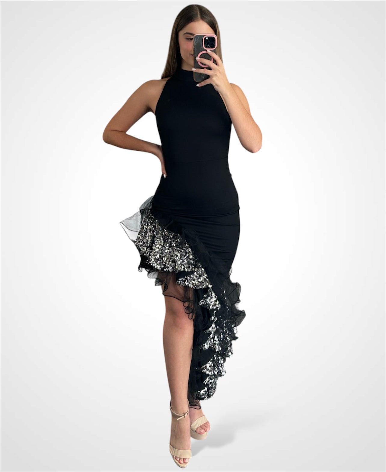SEQUIN RUFFLE ASSYM DRESS•