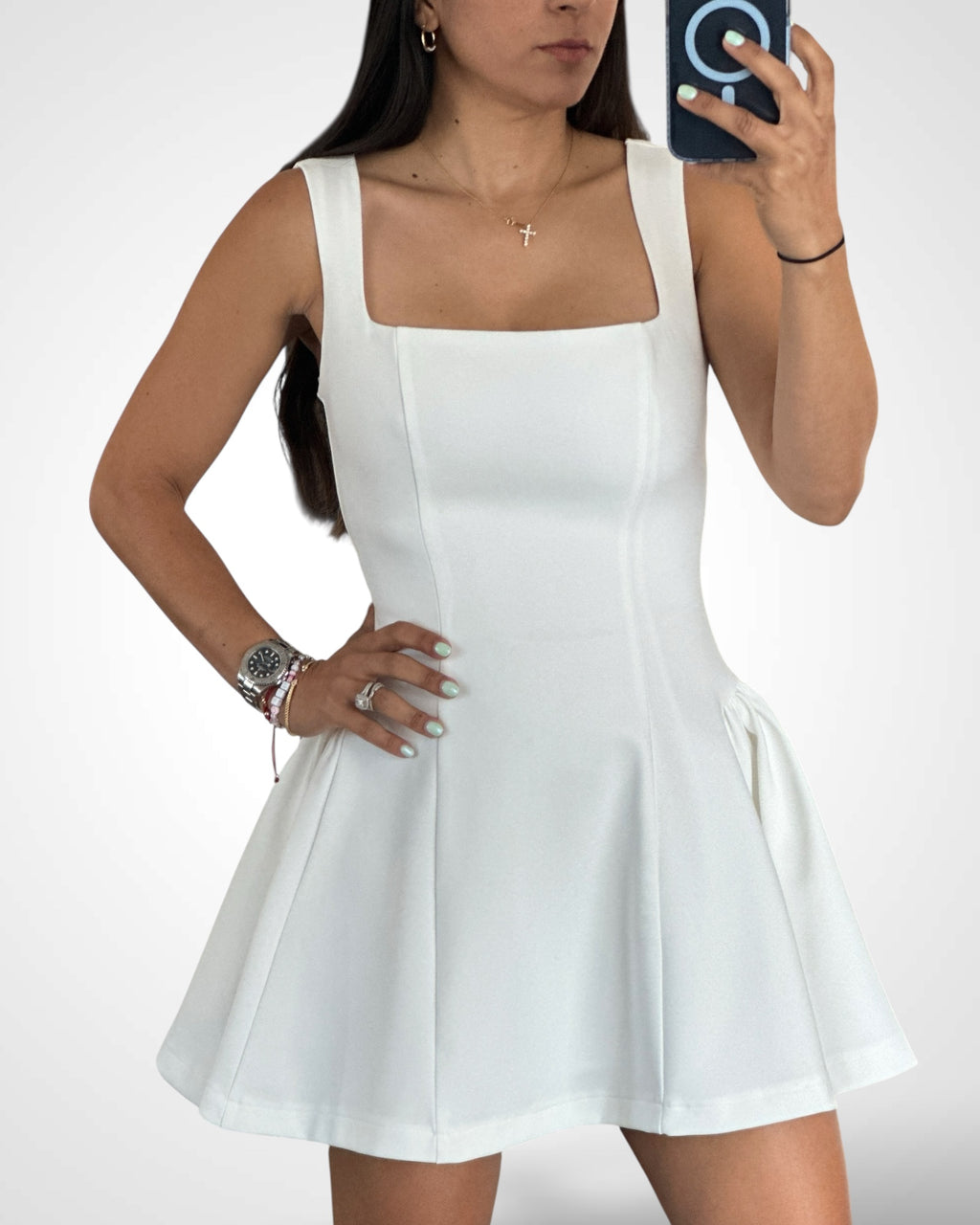 SJQ-White Square Neck Flare Mini Dress