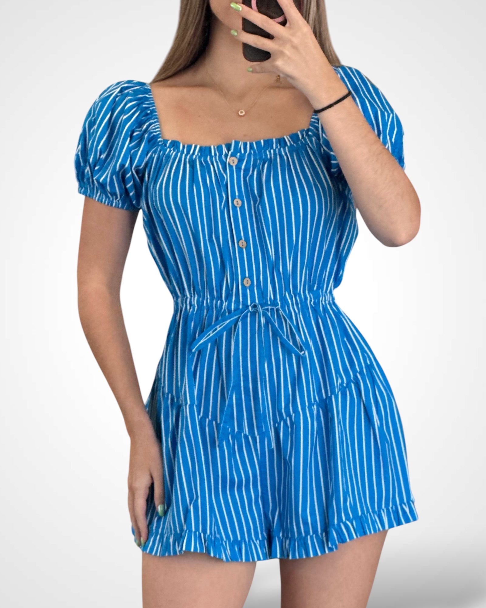 STRIPE PUFF SLEEVE BUTTON UP ELASTIC WAIST ROMPER•-1