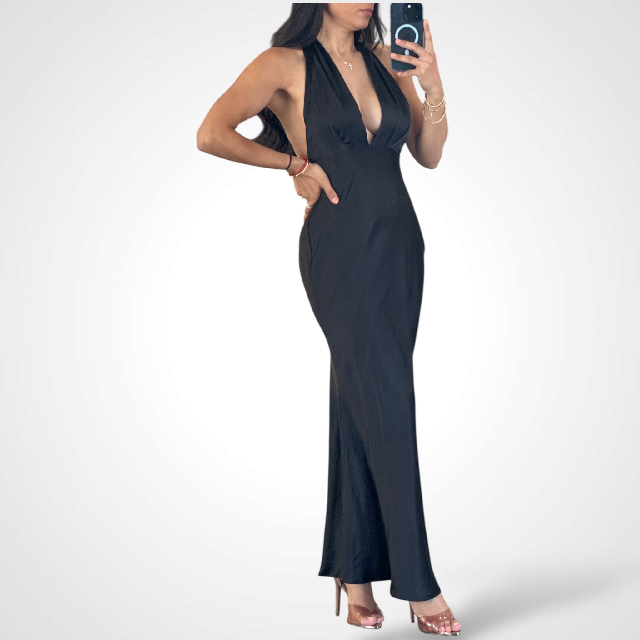 Halterneck Plunging V Neck Maxi Dress