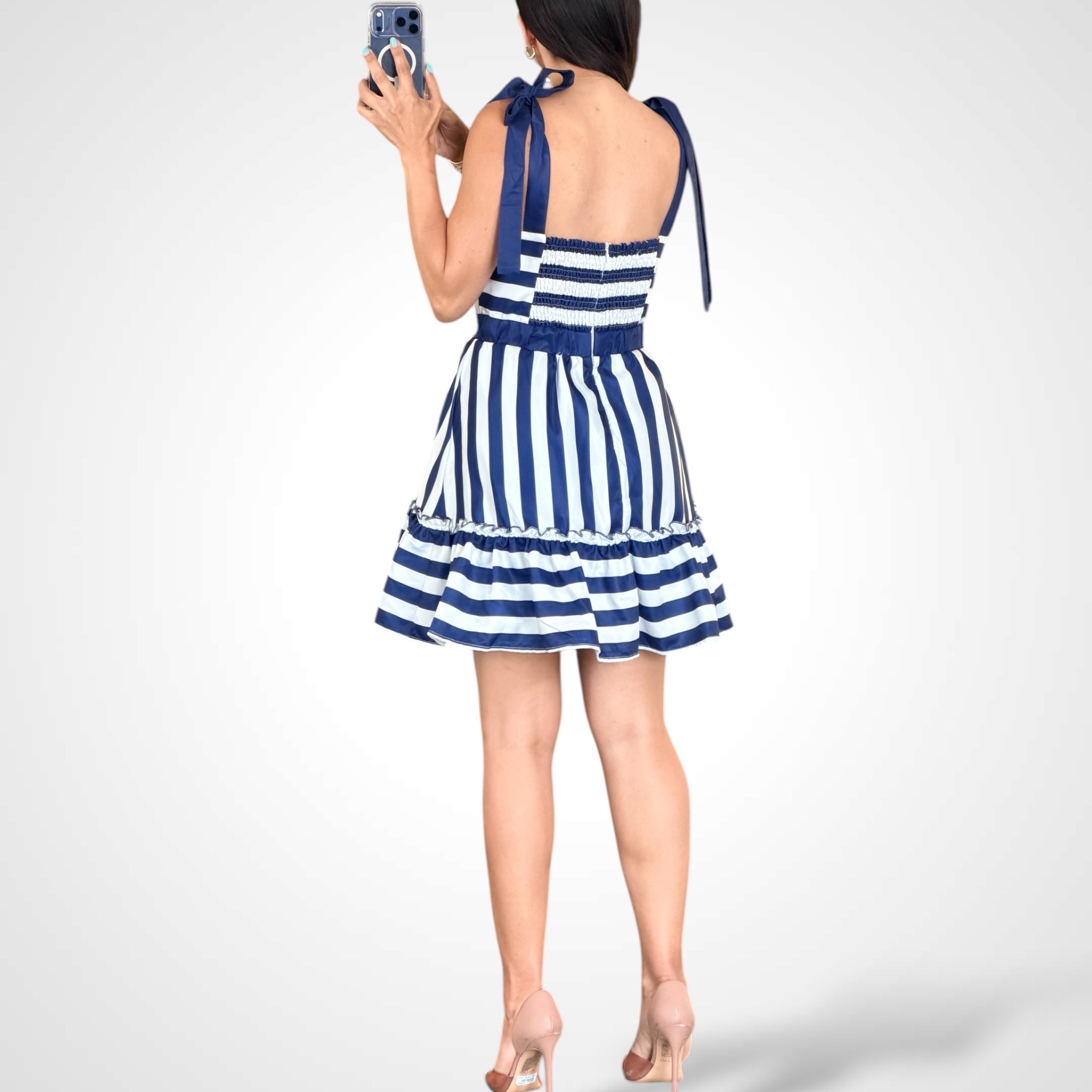 Striped Print Mini Dress W/ Bow-tie Shoulder•-3