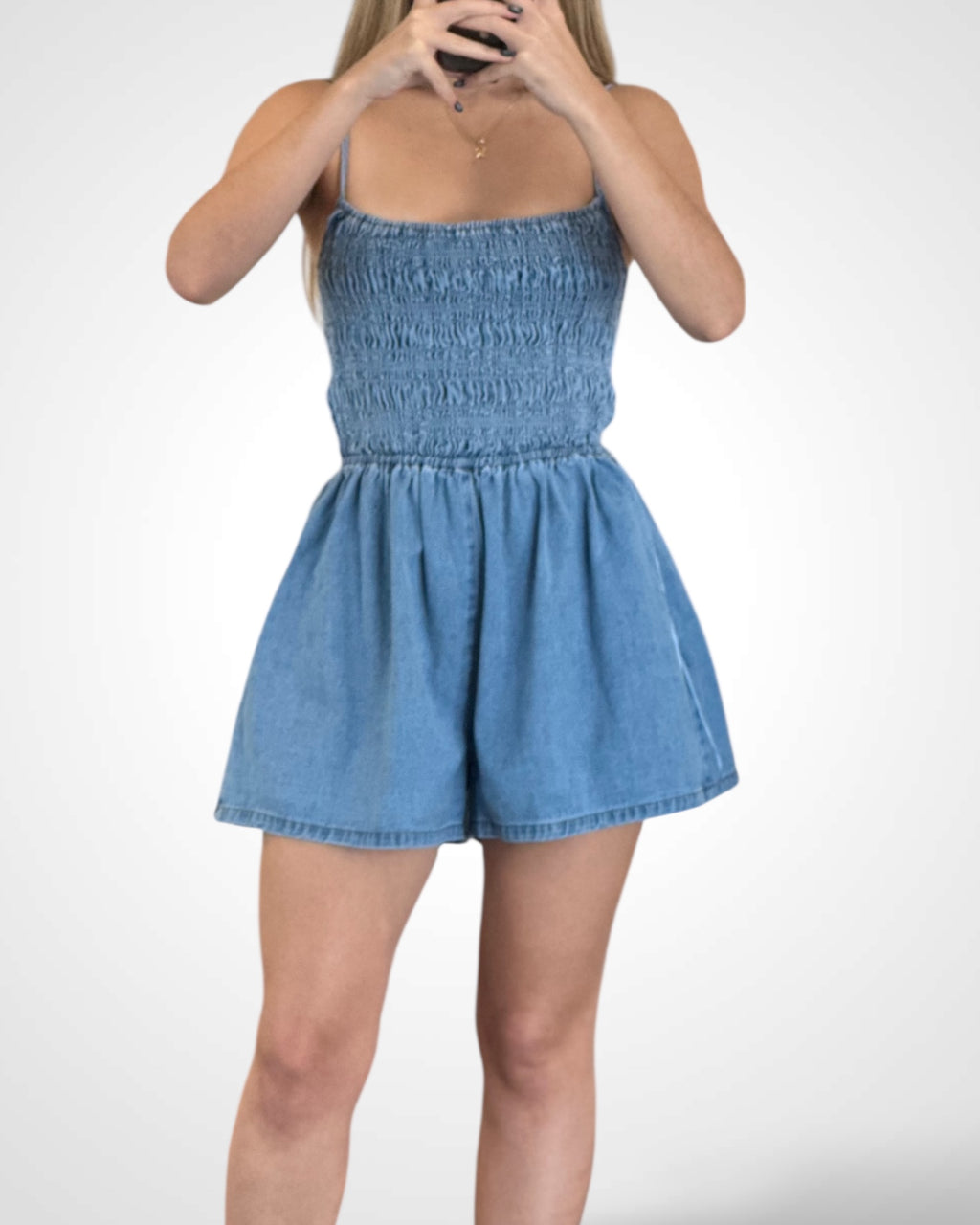 SJQ-SMOCKED BACK TIE DENIM ROMPER