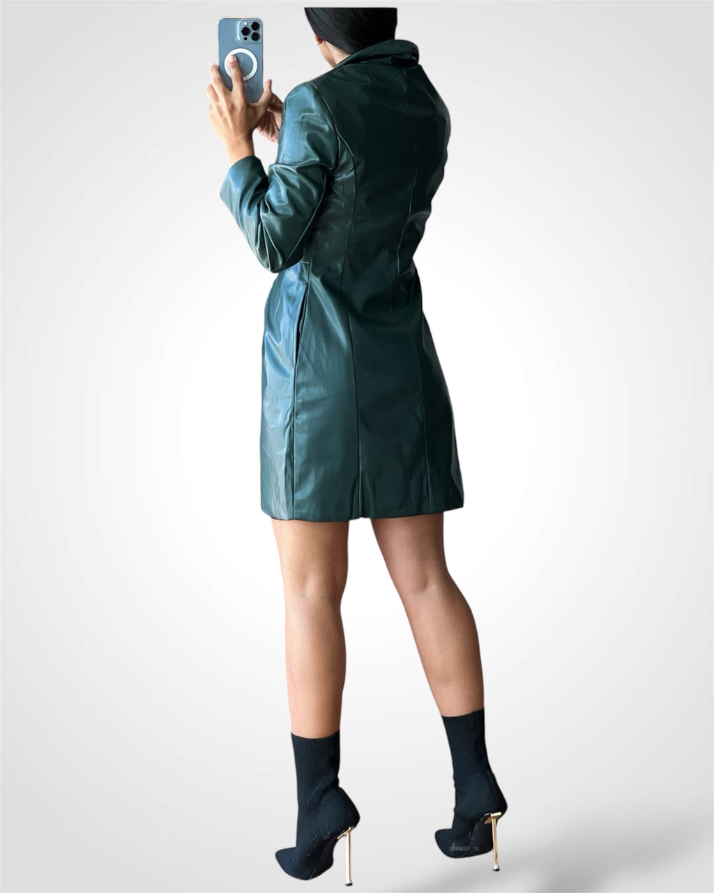 SJQ- Deep Green Leather Blazer Dress