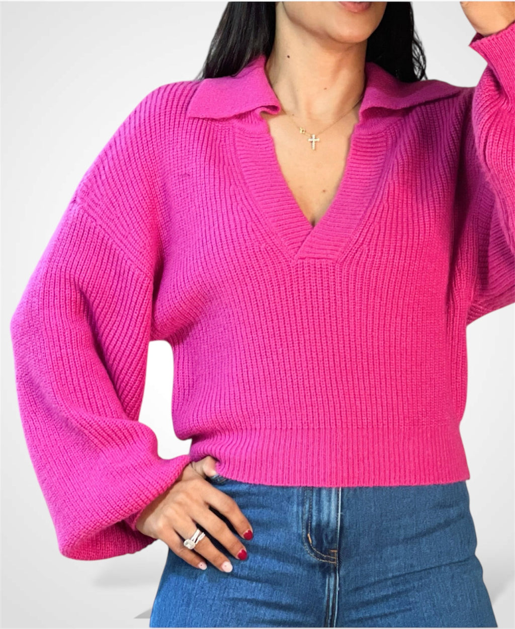 V NECK COLLARED PLAIN LIBBED CROPPED SWEATER