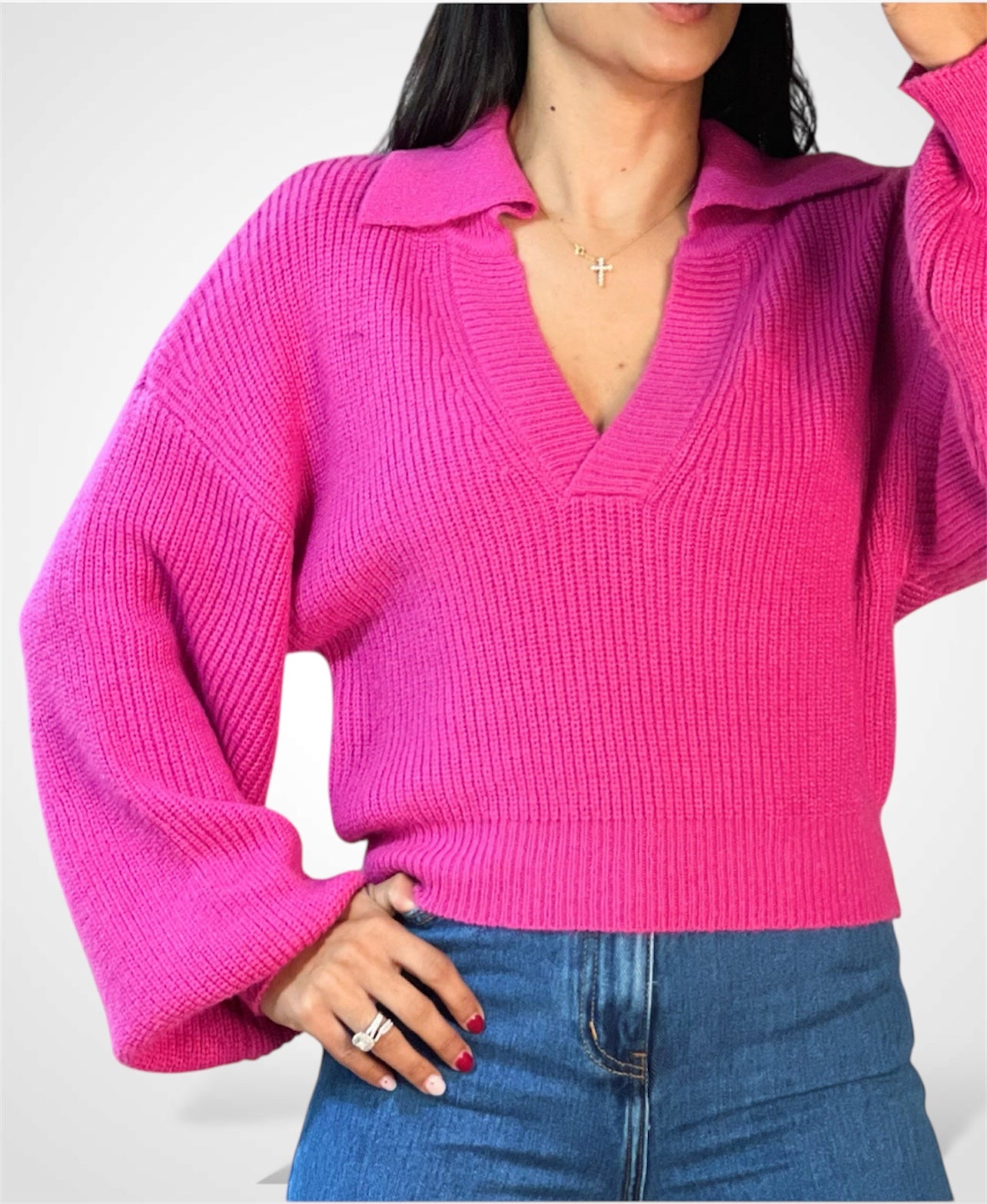 V NECK COLLARED PLAIN LIBBED CROPPED SWEATER•