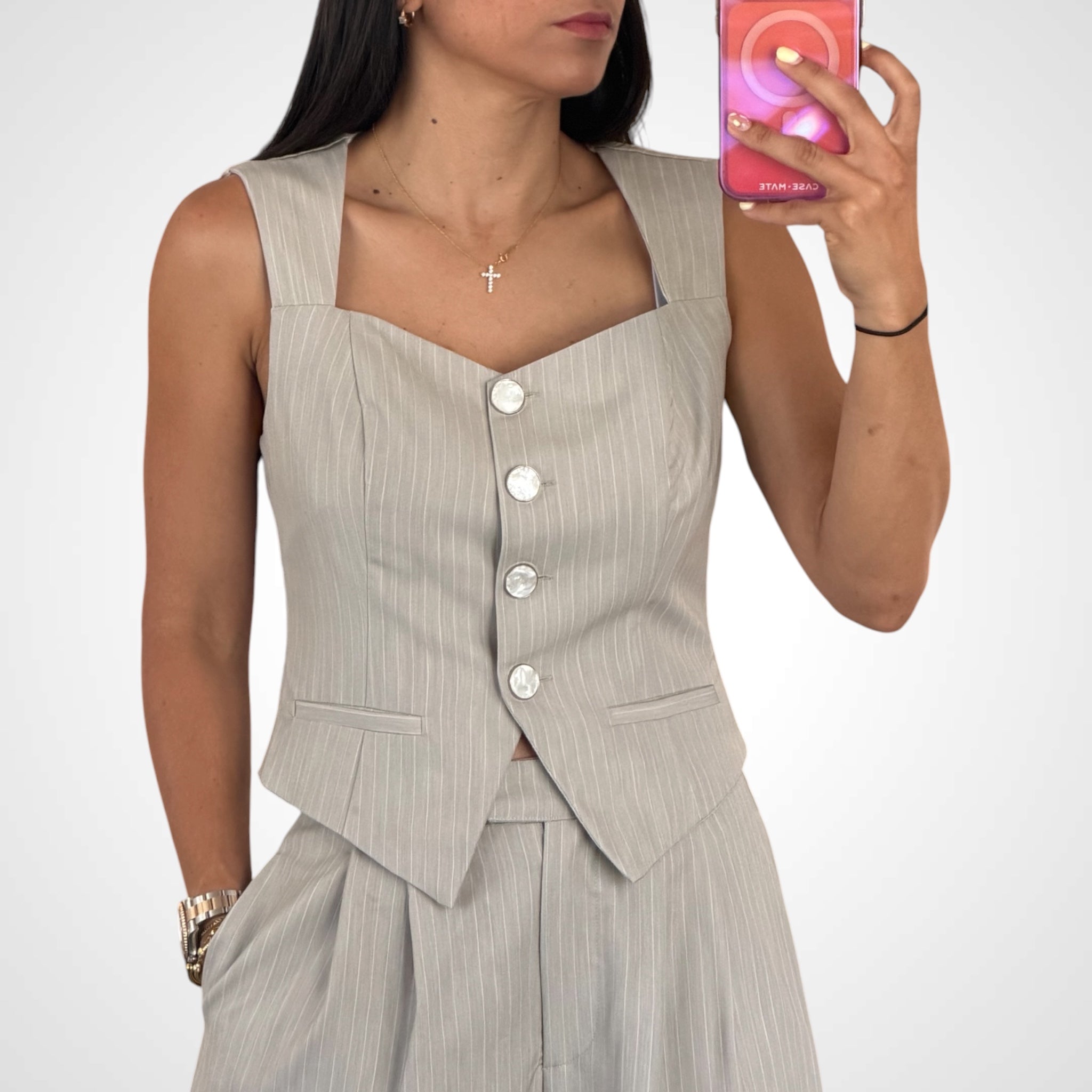 PINSTRIPE SQUARE NECKLINE VEST TOP AND WIDE LEG PANTS SET-2