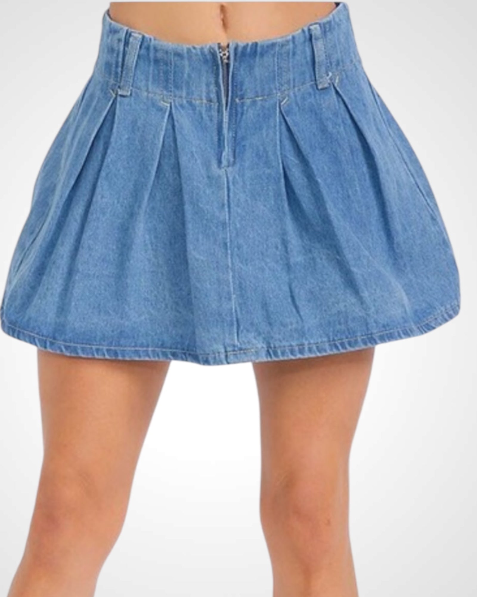 ZIP UP PLEATED DENIM MINI SKIRT•