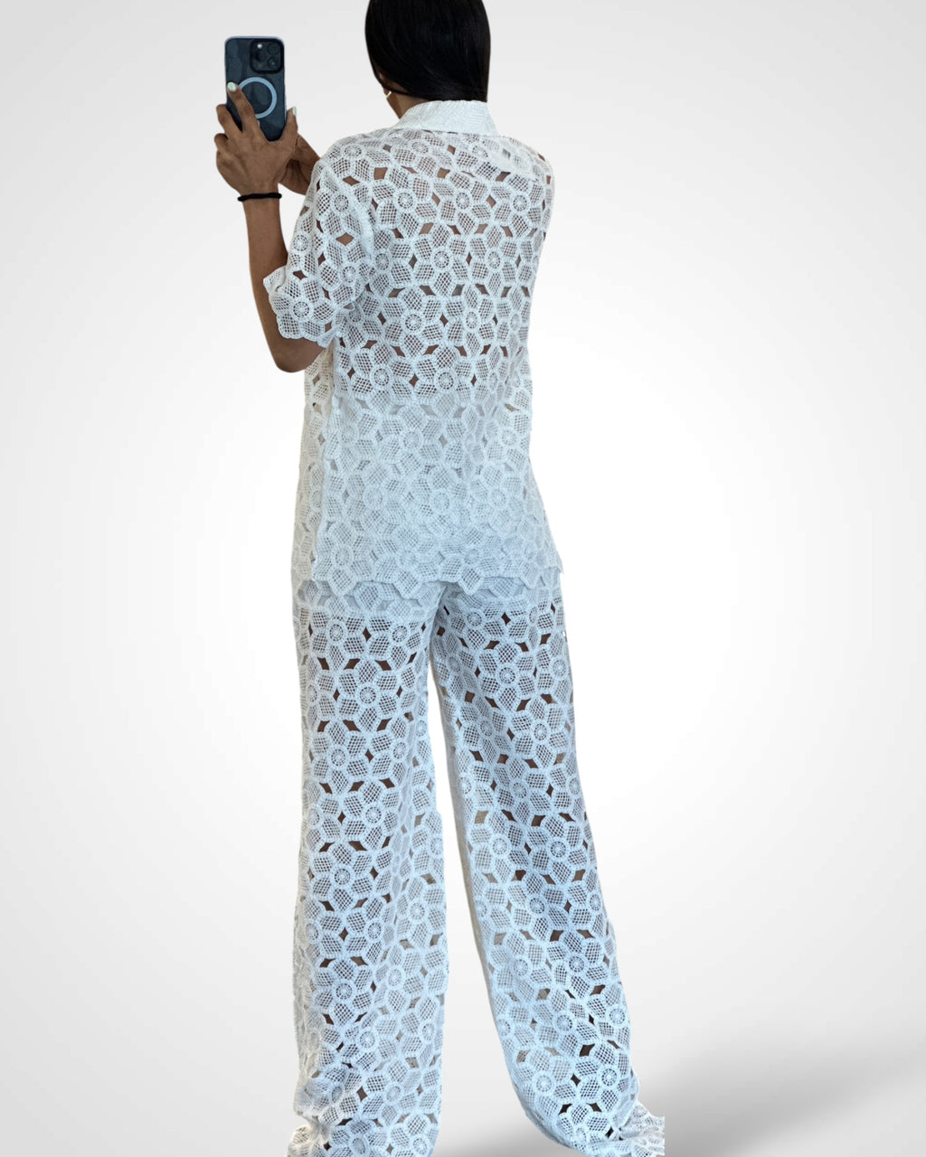 Short Sleeve Top And High Waist Crochet Pants Set White