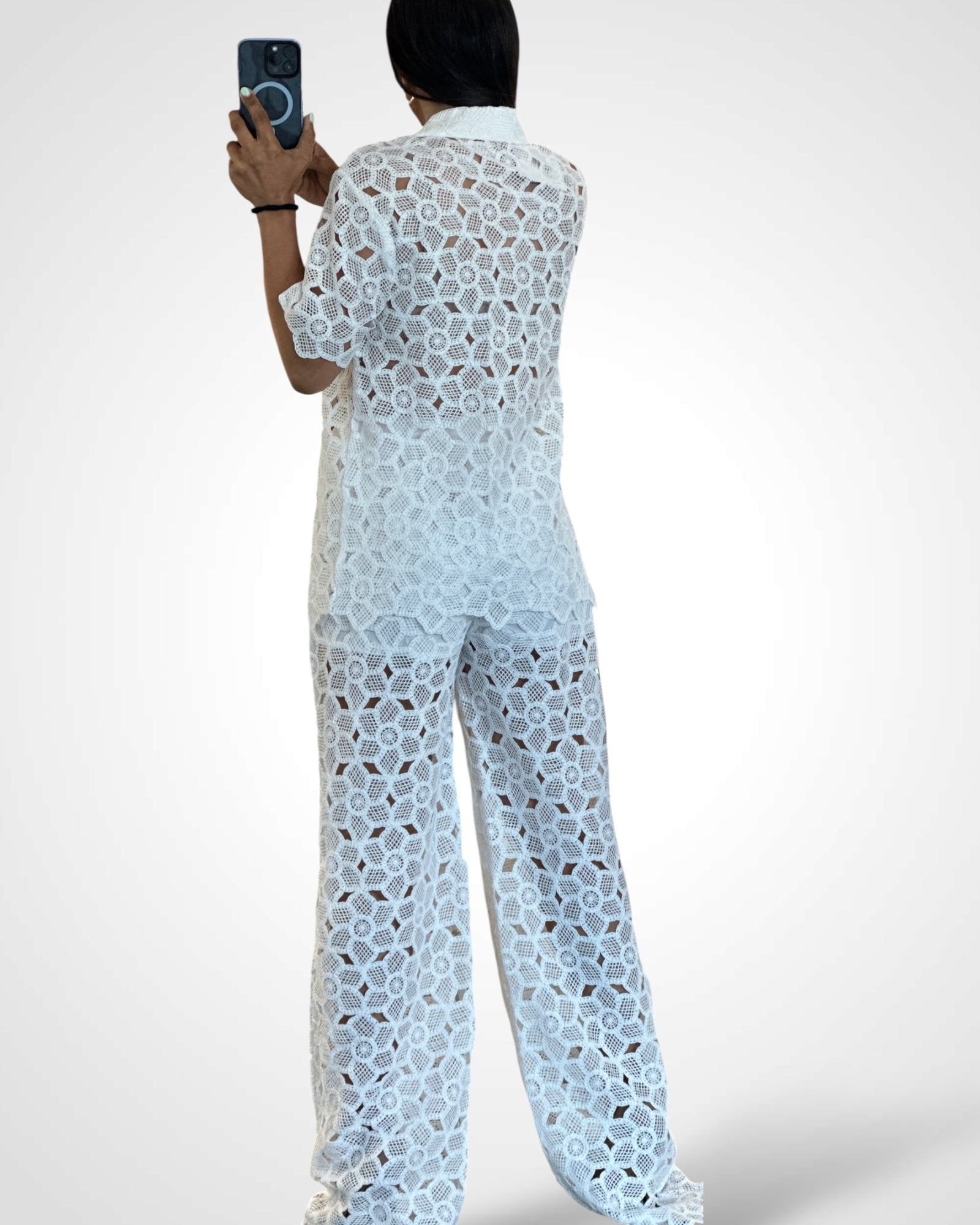 Short Sleeve Top And High Waist Crochet Pants Set White•-3
