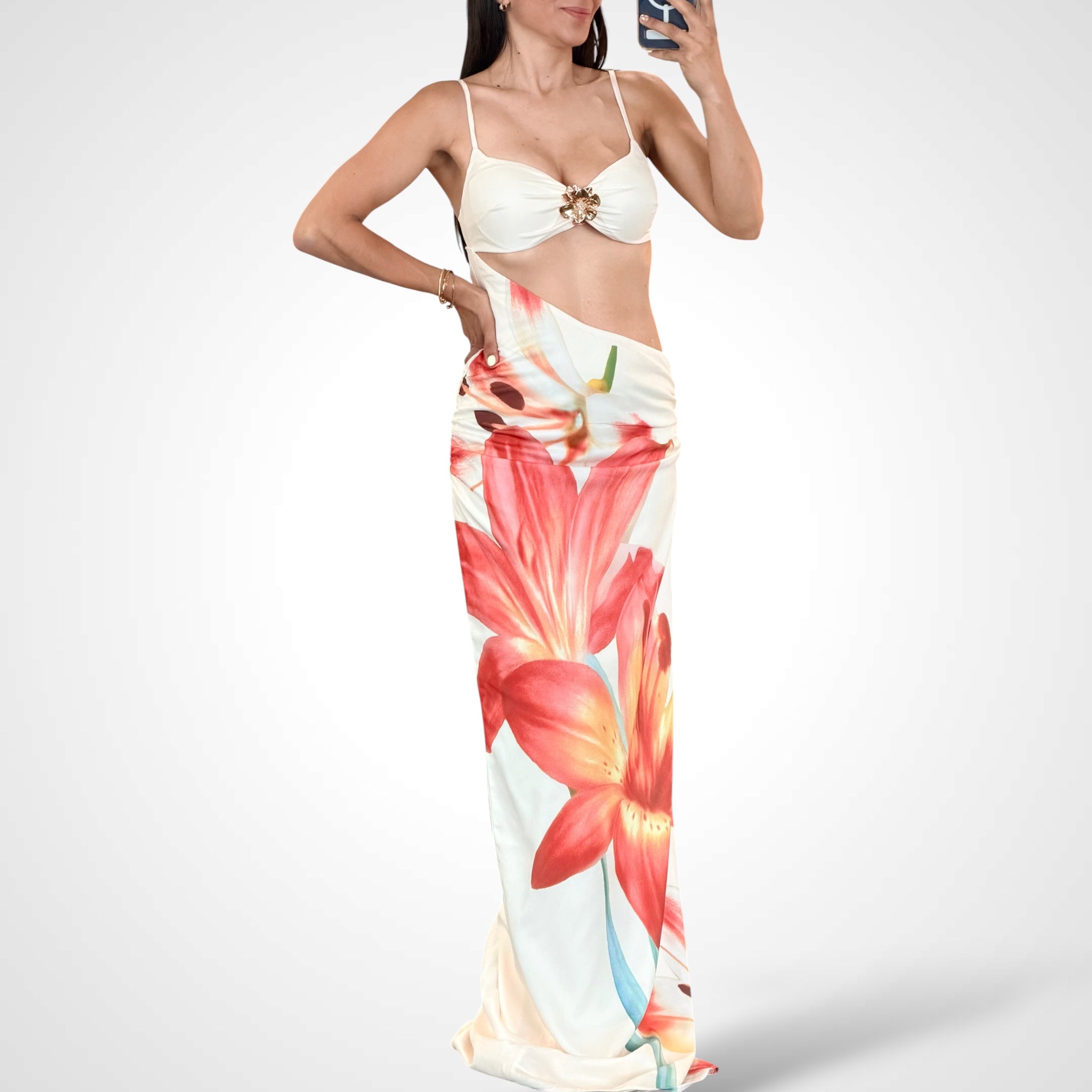 LILY PRINT DRAPED CUTOUT MAXI DRESS