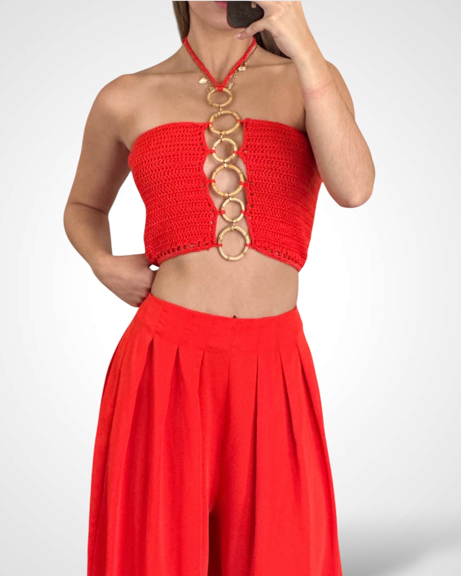 SJQ - 2PC HALTER NECK TOP PRINTED WIDE LEG PANTS