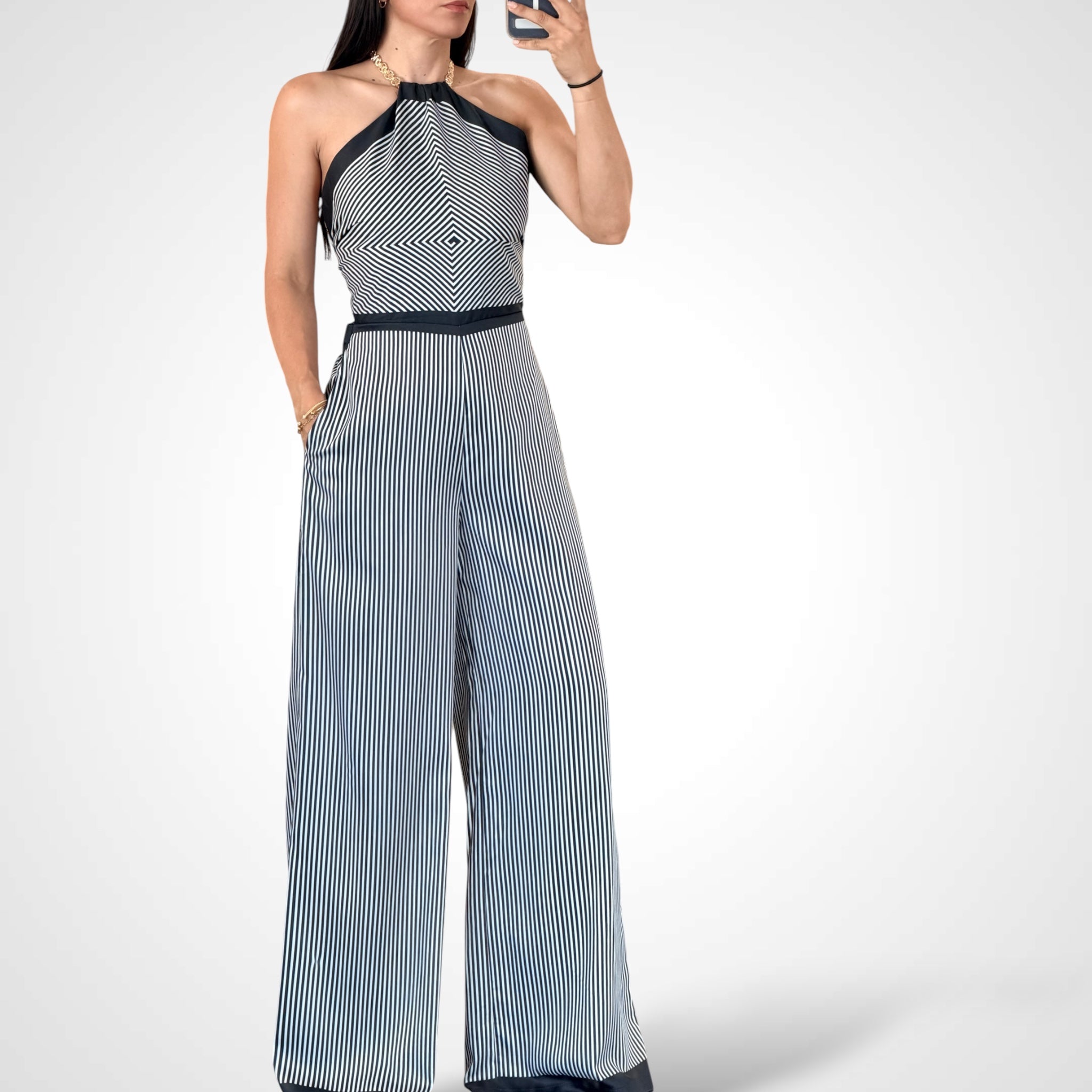 Black Modern Halter Stripped Jumpsuit•-1