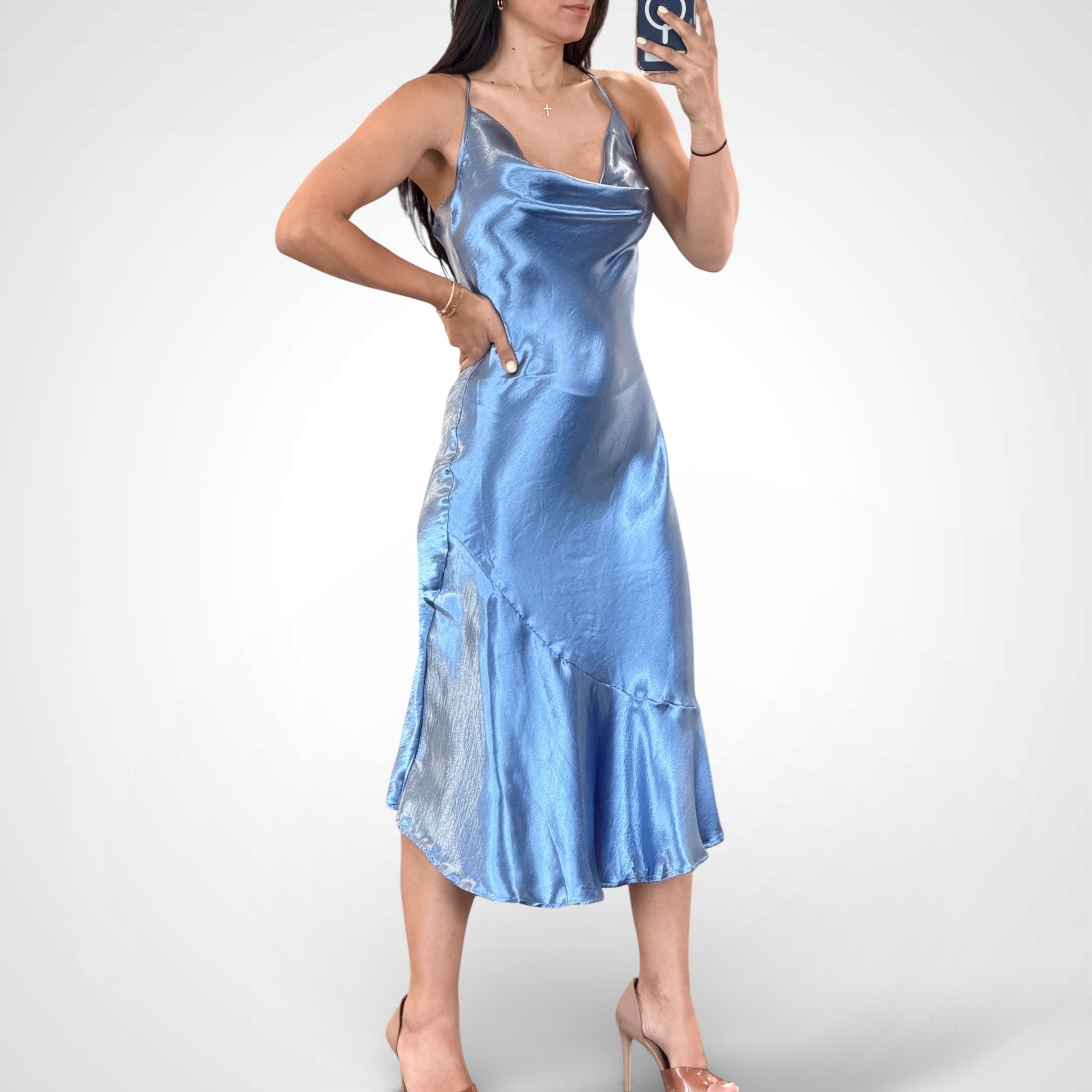 Cowl Neck Satin Cami Midi Dress•