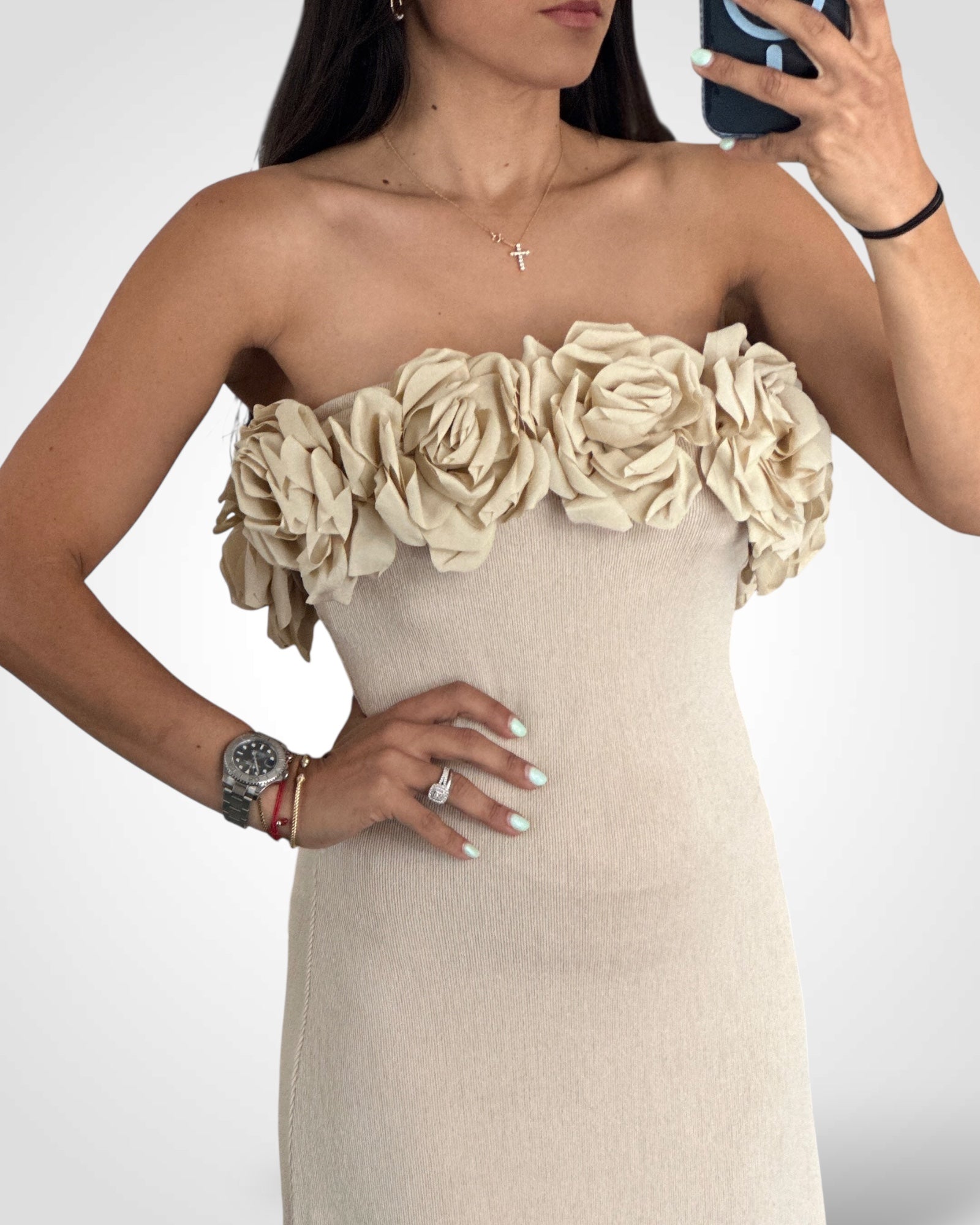 Natural Rose Bandeau Bodycon Dress•-2