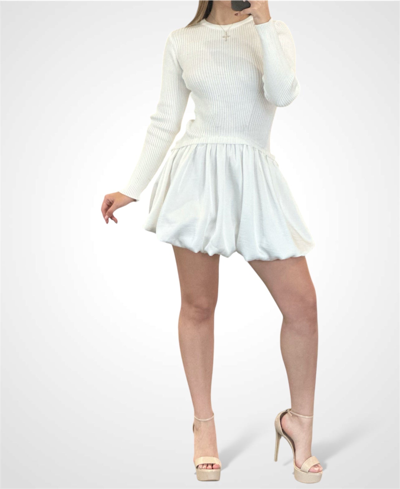 RIBBED SWEATER COMBINATION BUBBLE SKIRT MINI DRESS