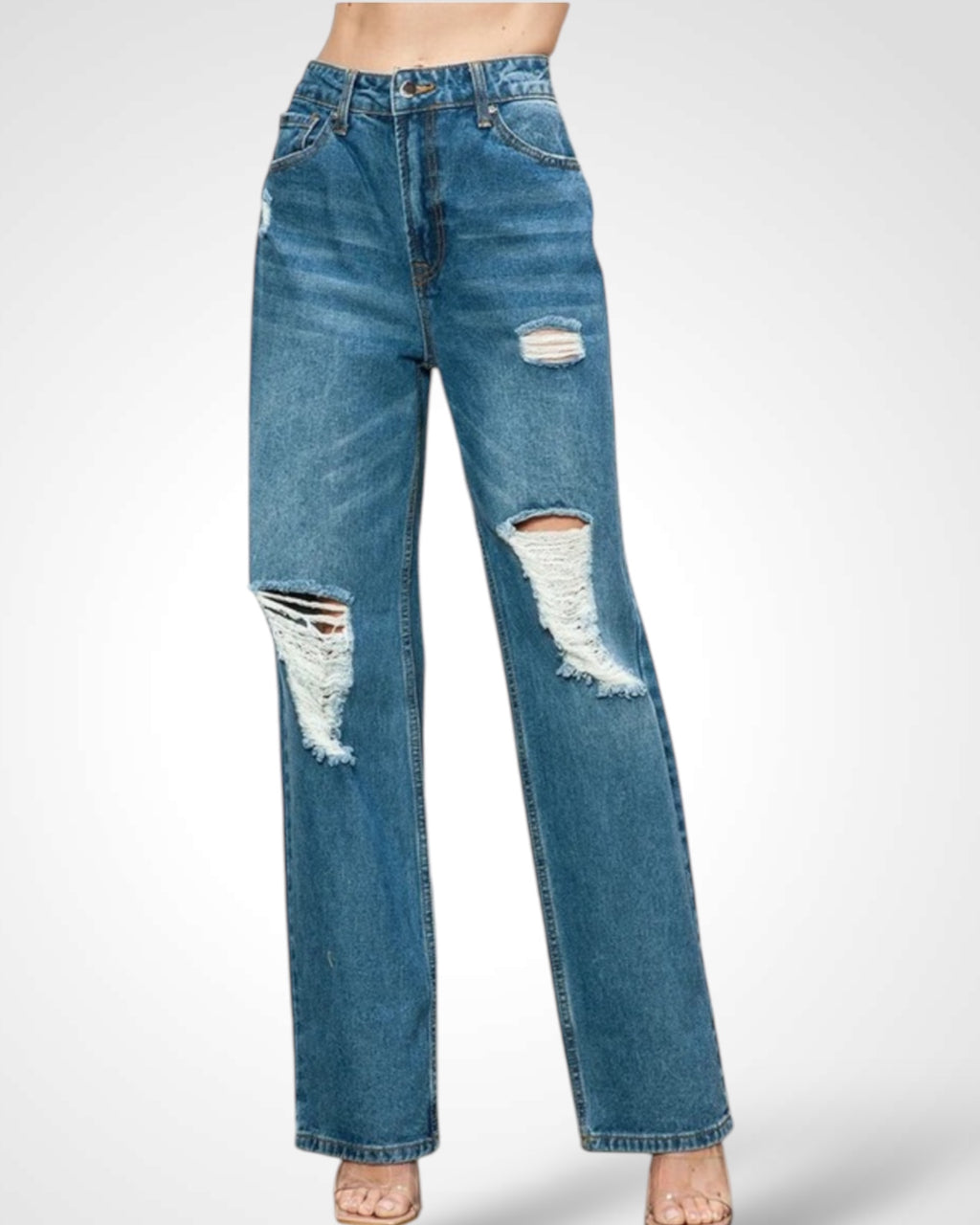 HIGH WAIST DISTRESSED RIPPED WIDE LEG DENIM JEAN