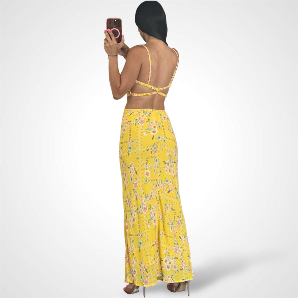 YELLOW SPAGHETTI STRAP OPEN BACK MAXI DRESS