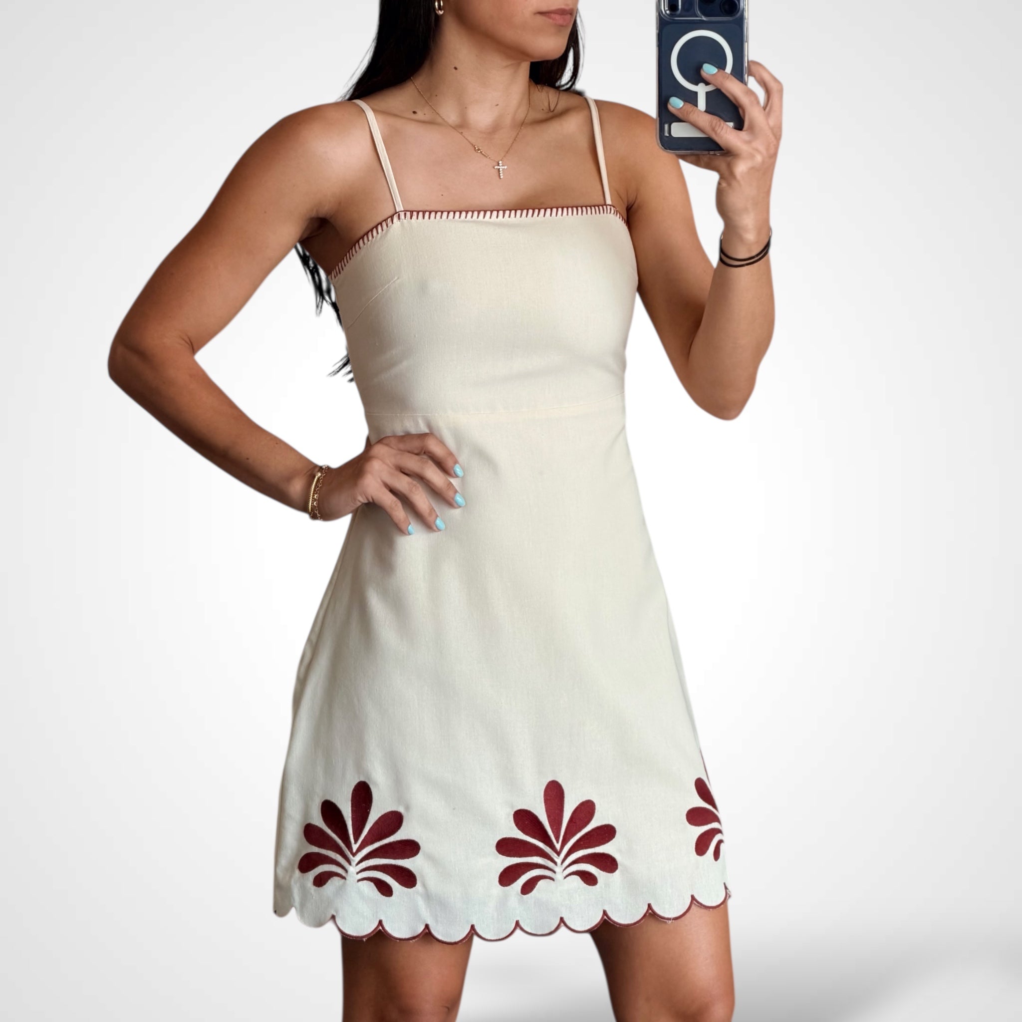 LINEN EMBROIDERY DETAIL MINI DRESS•