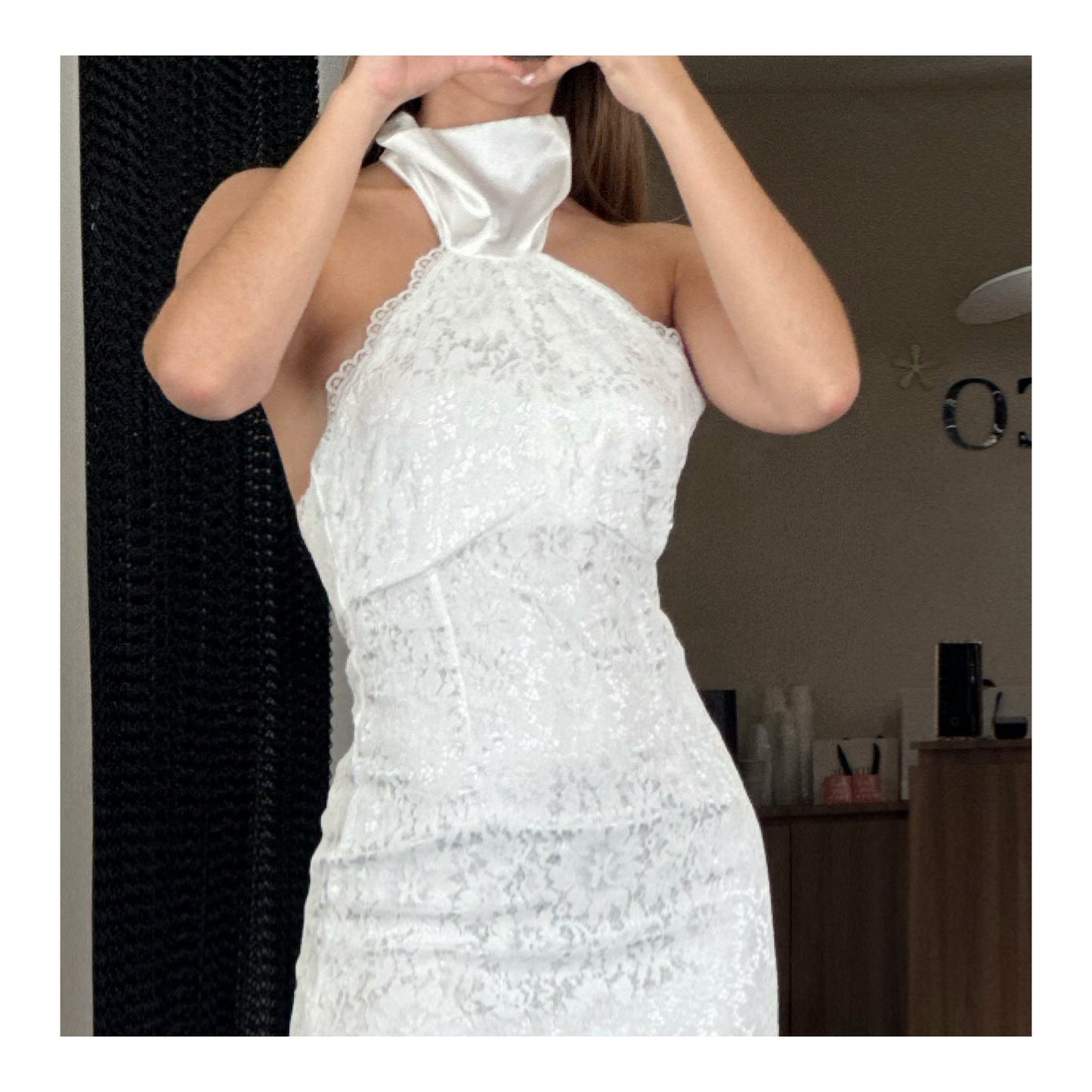 WHITE FLORAL LACE HALTER TIE MAXI DRESS