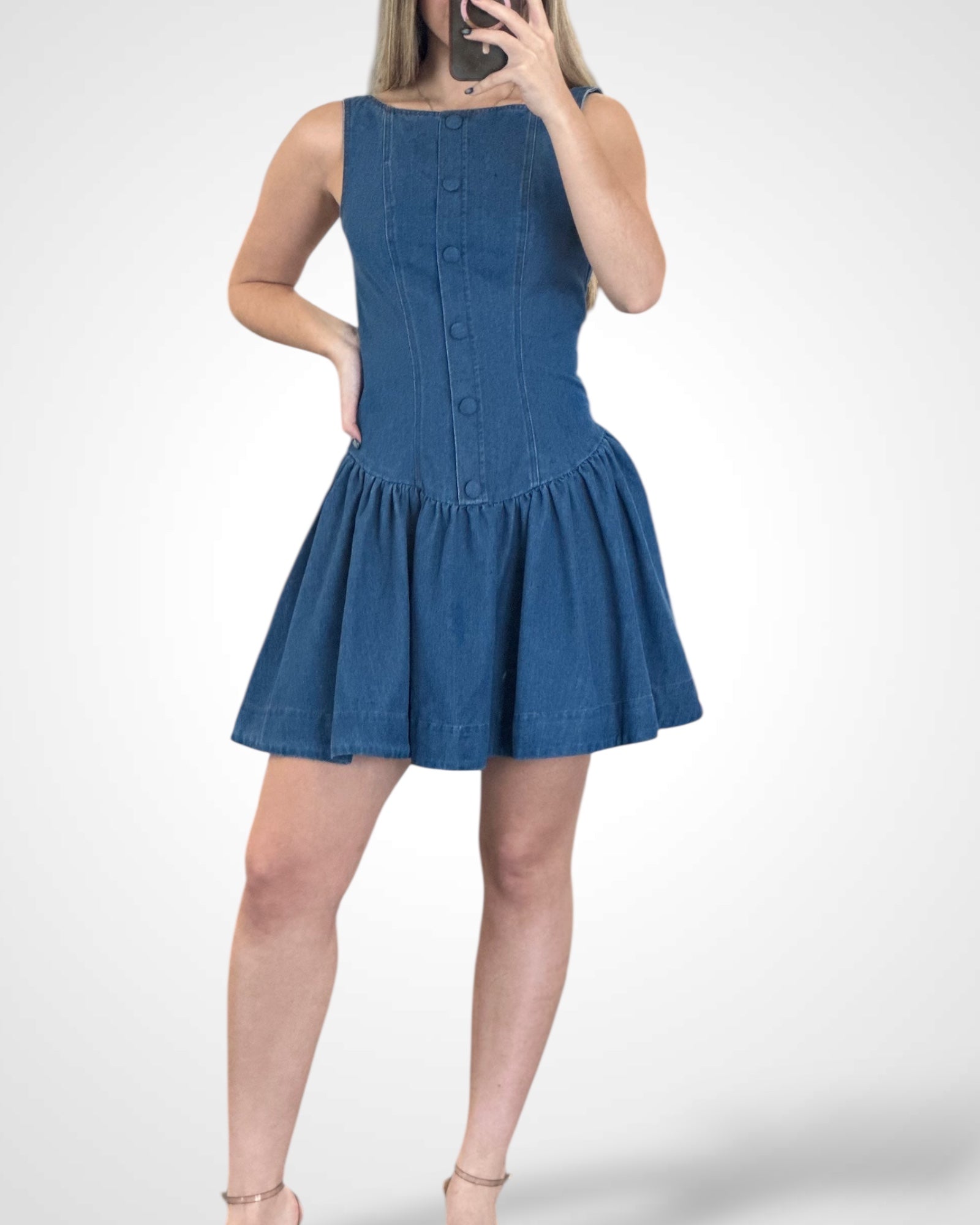 Denim Button Front Low Waist Mini Dress•-2