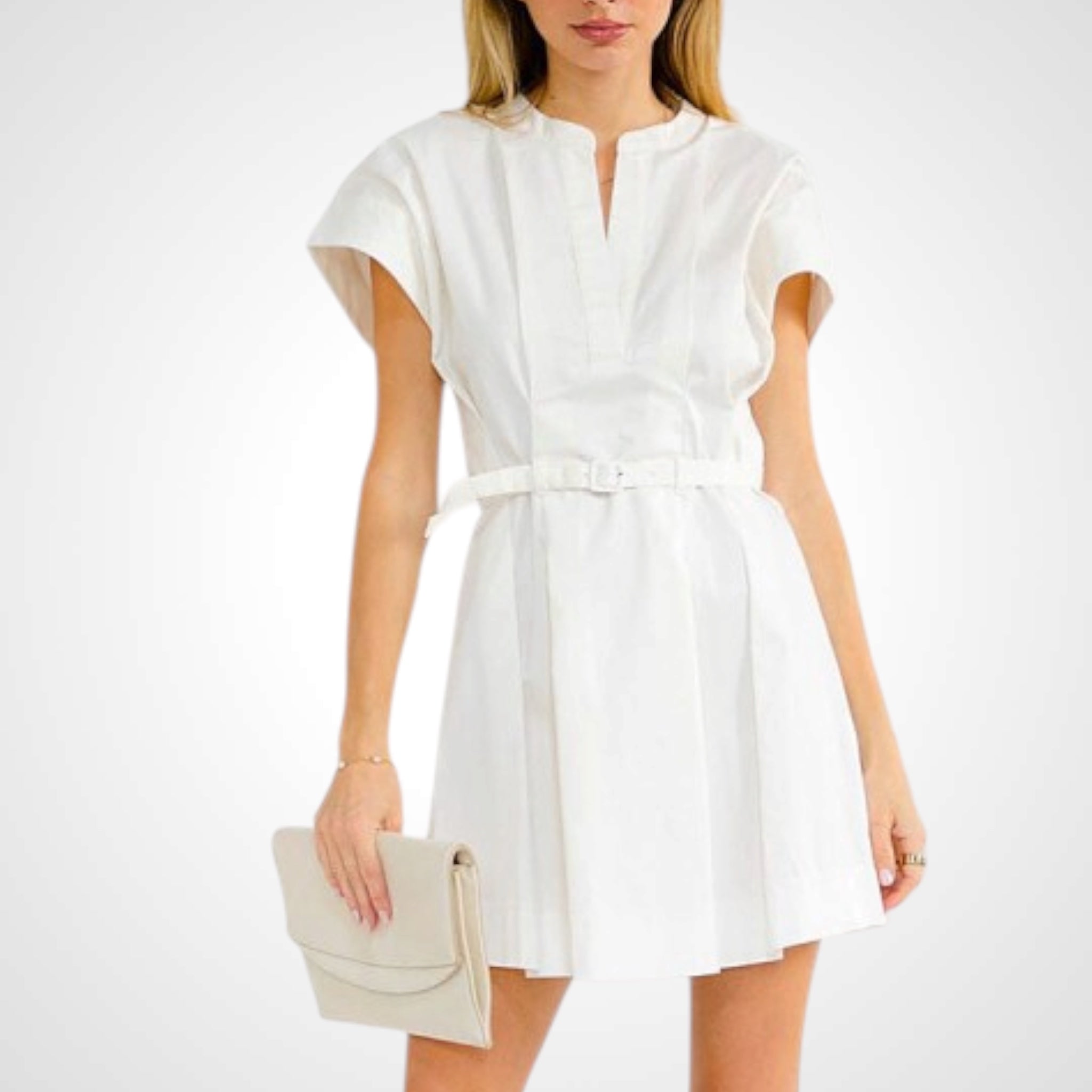 Off White Short Sleeve V-neck Belted Mini Dress