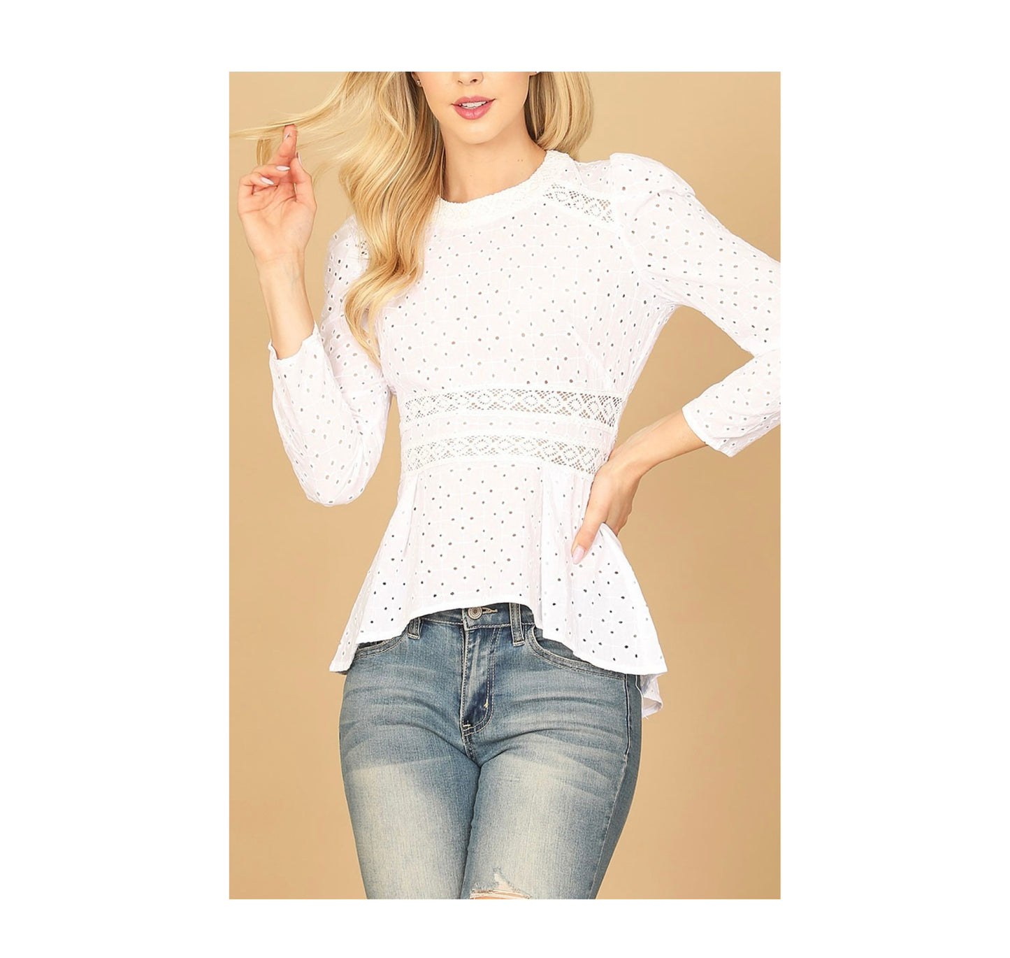 EYELET LONG PUFF SLEEVE TOP