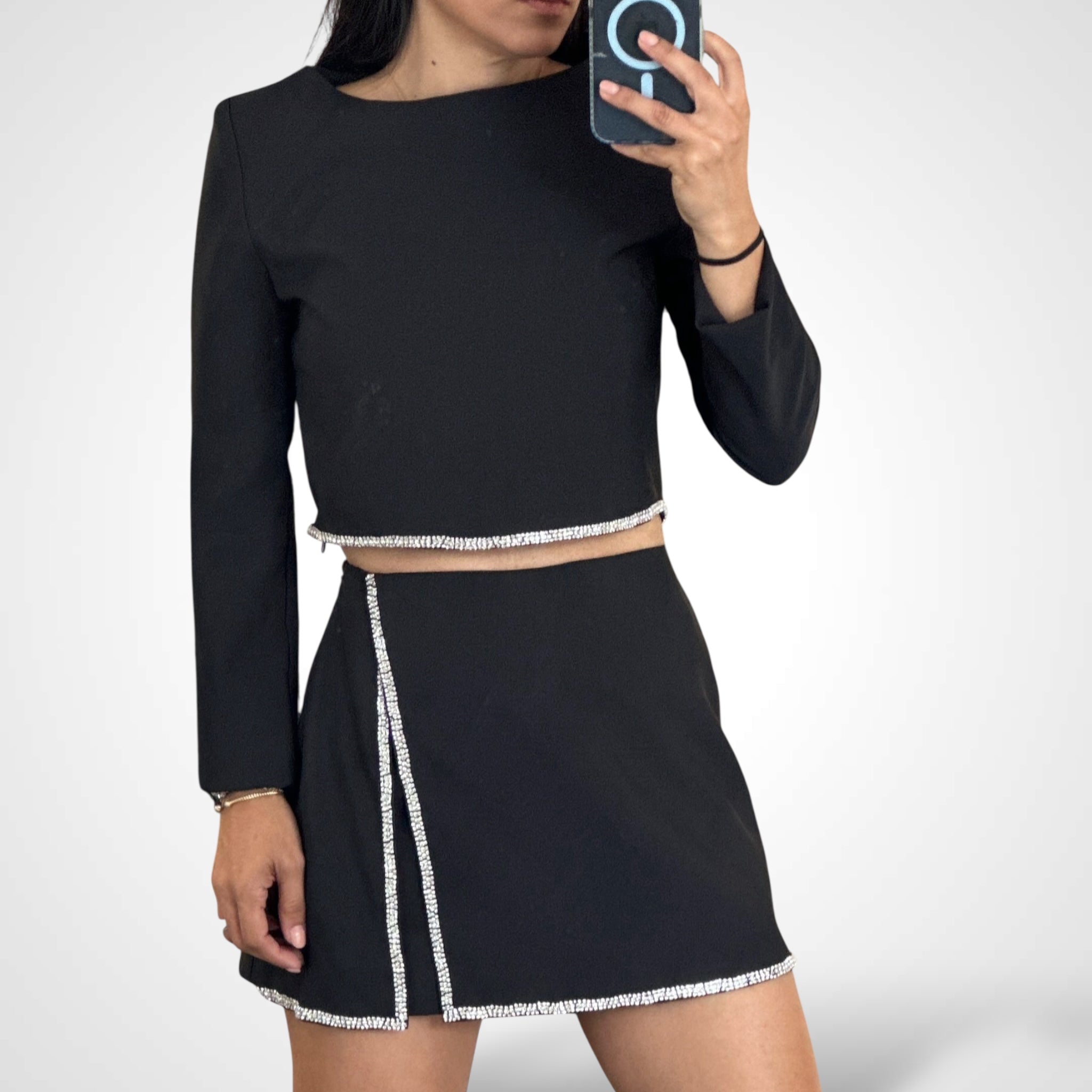 SJQ-RHINESTONE EMBELLISHED KNIT TOP AND SKORT SET