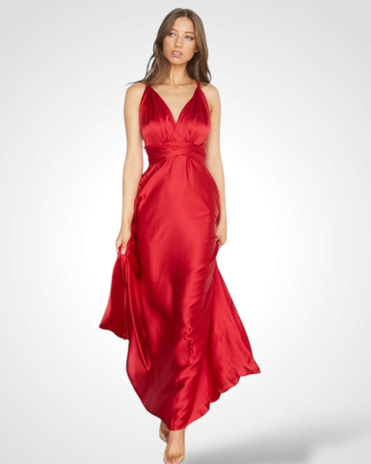 SATIN DRAPED HALTERNECK GODDESS MAXI DRESS