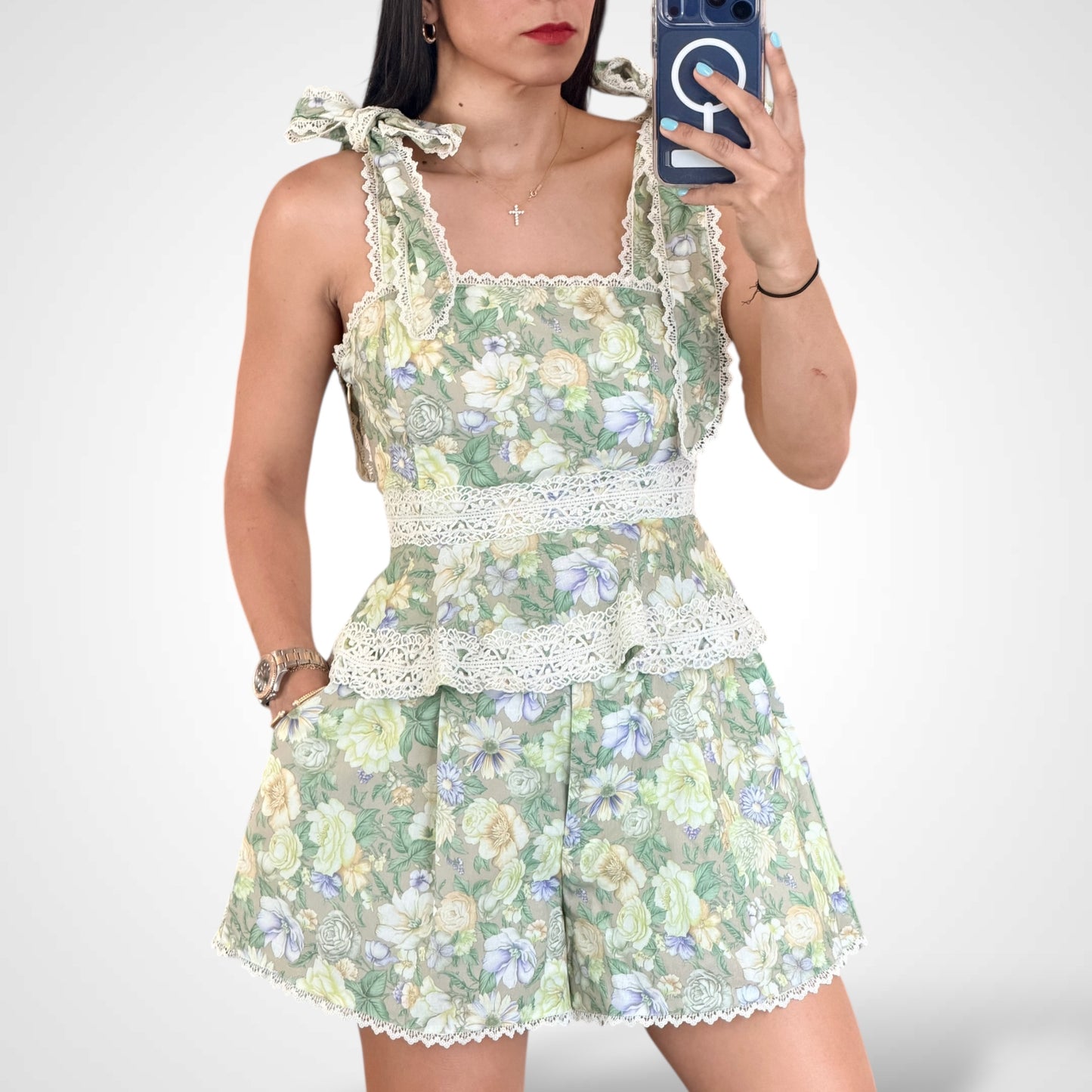 Linen Printed Shoulder Tie Top and Short Set