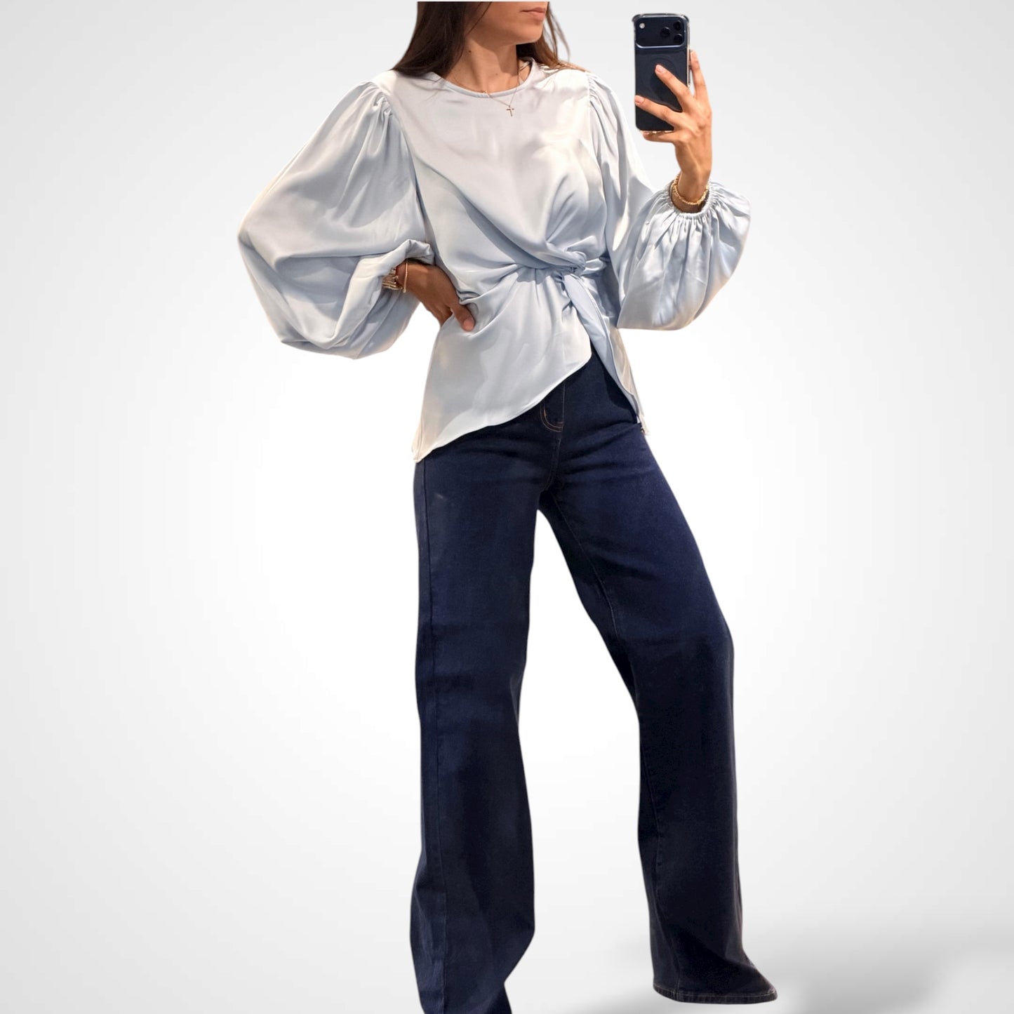 DUSTY BLUE TWISTED FRONT SILKY SATIN TOP