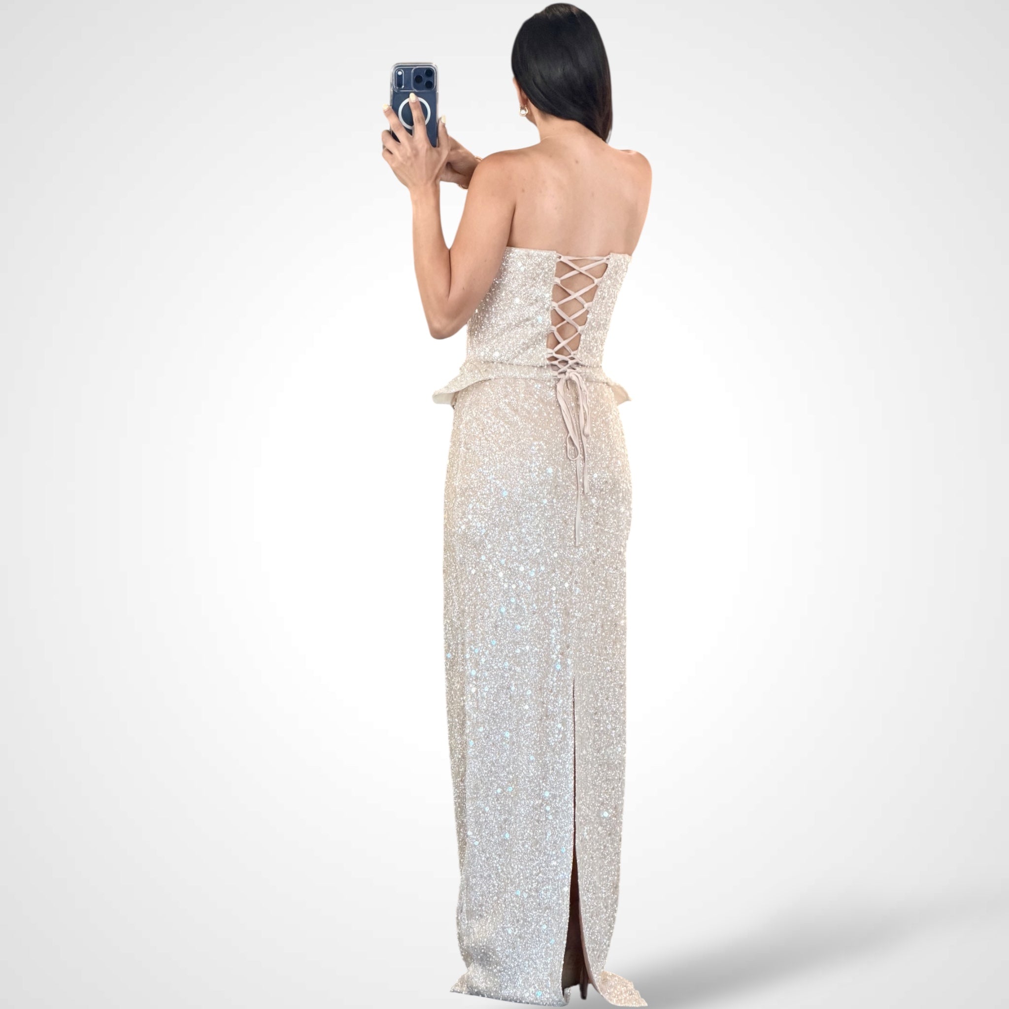 Champagne Glitter Sequin Pearl Corset 2 Piece set•-3