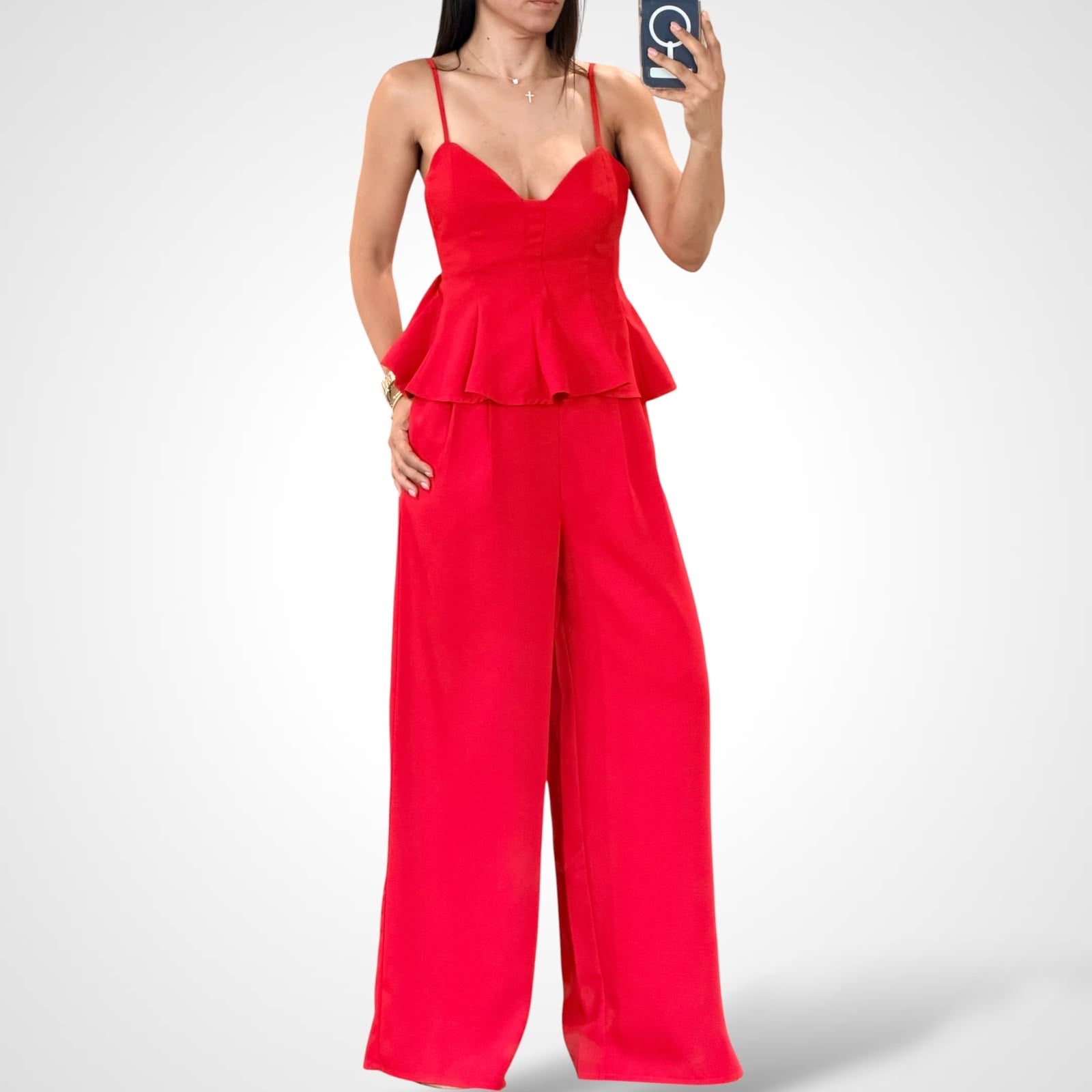 Sweetheart Peplum Top & Wide-Leg Pants Set-1