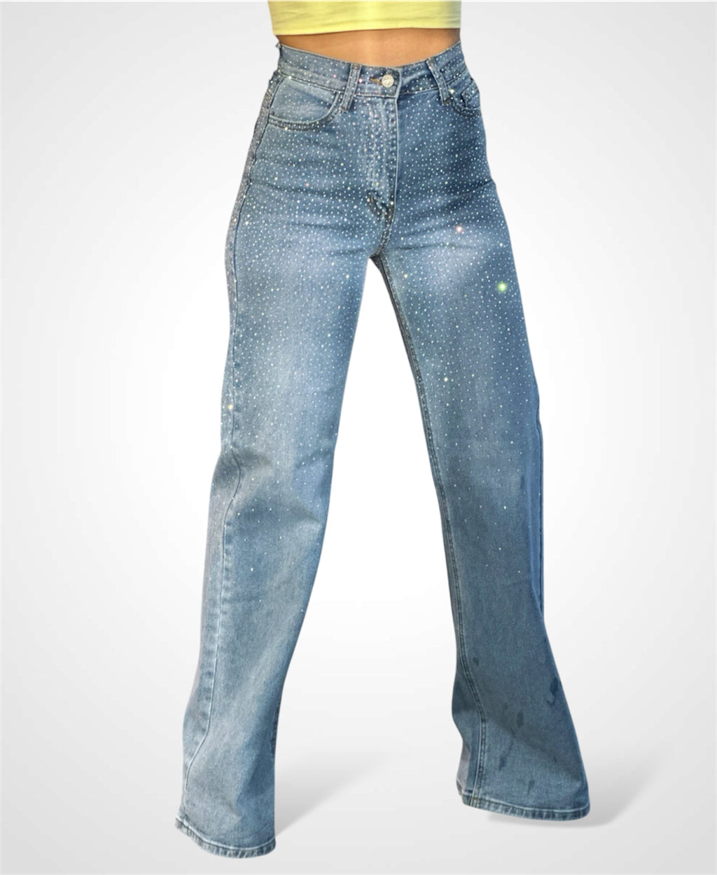IRIDESCENT RHINESTONE HIGH-RISE WIDE LEG JEANS