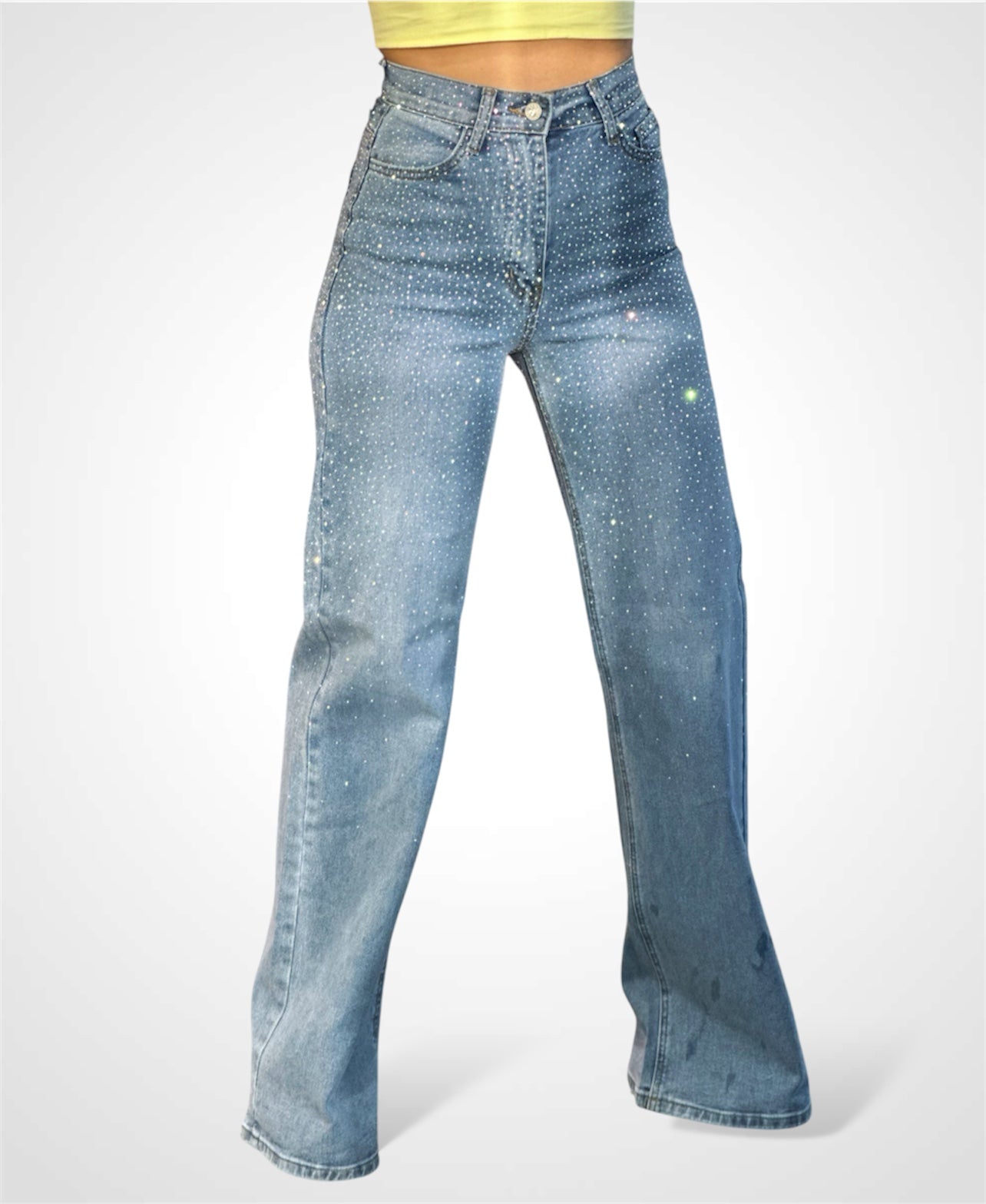 IRIDESCENT RHINESTONE HIGH-RISE WIDE LEG JEANS-1