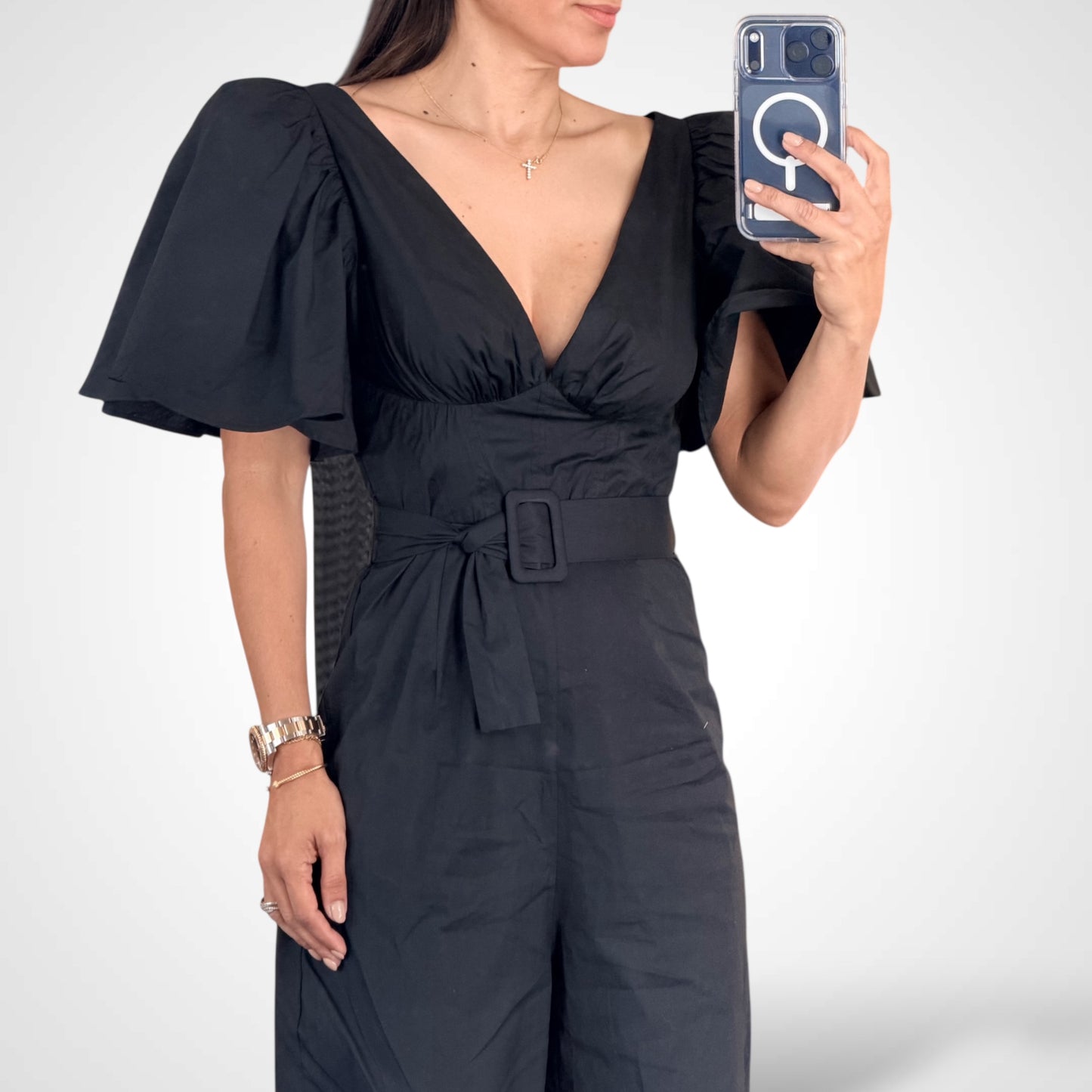 SJQ-Short Puff Sleeve V-neck Belted Wide Leg Jumpsuit
