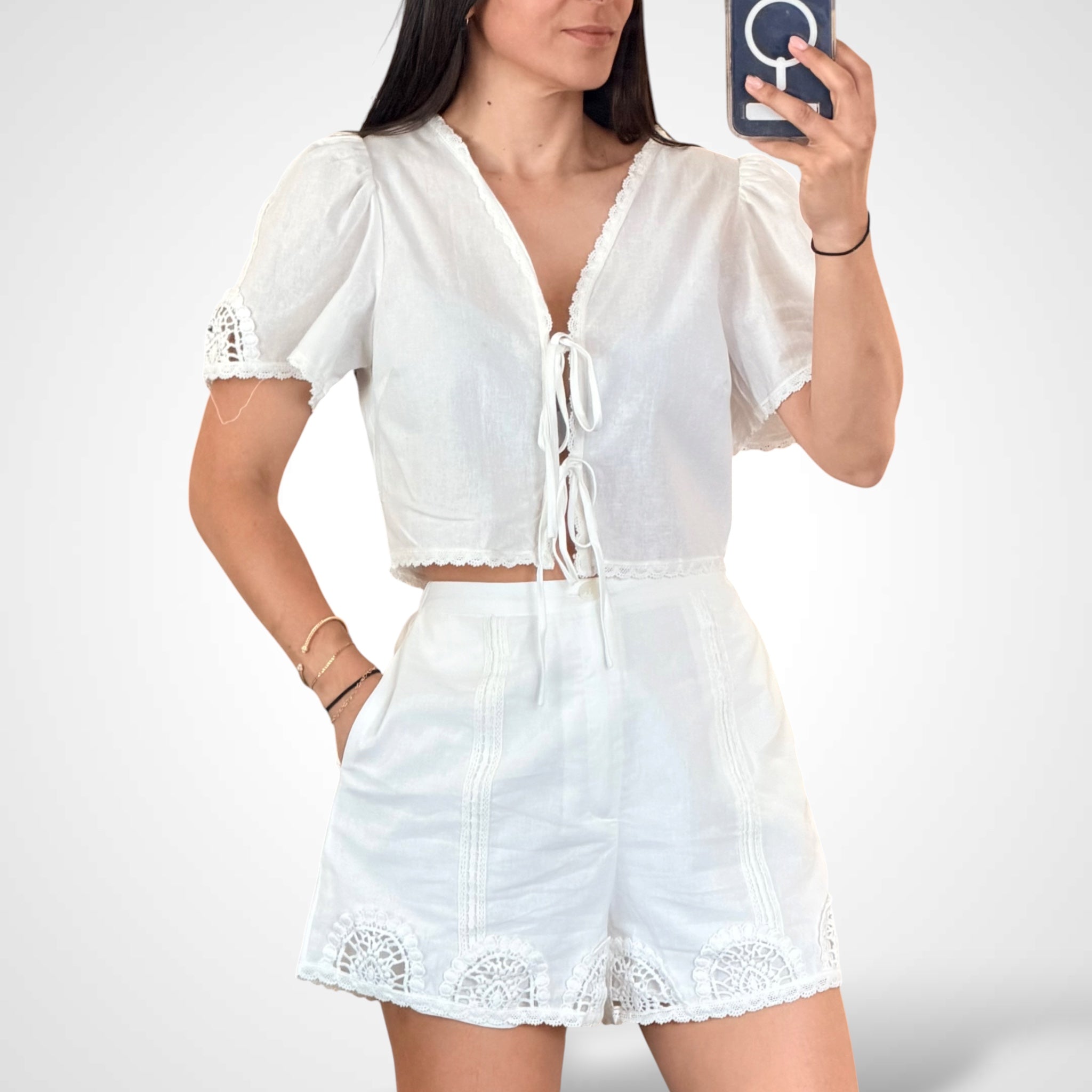 CROCHET LACE DETAIL CROP TOP AND SHORTS SET•-2