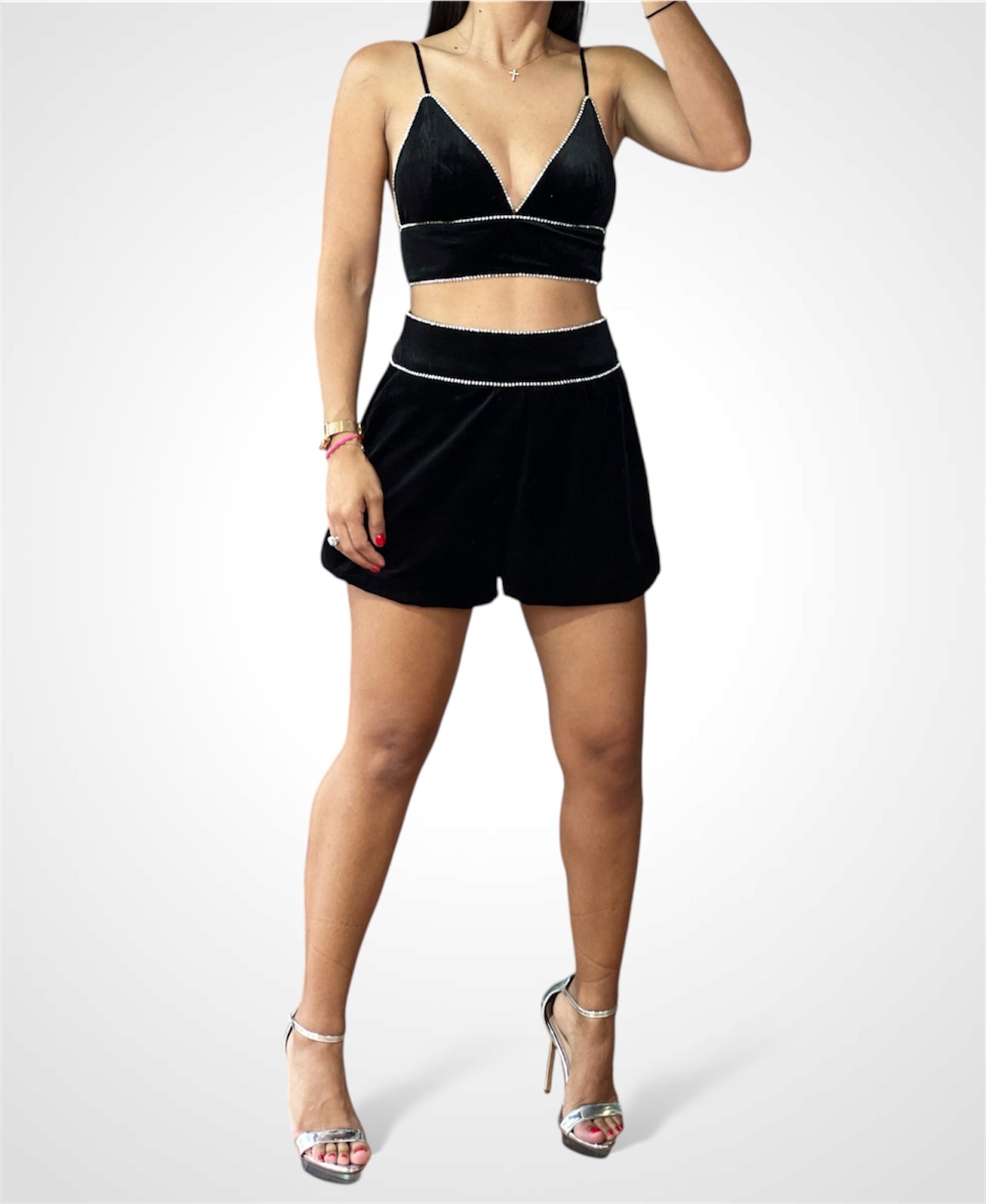 Rhinestone Trim Crop Top•-3