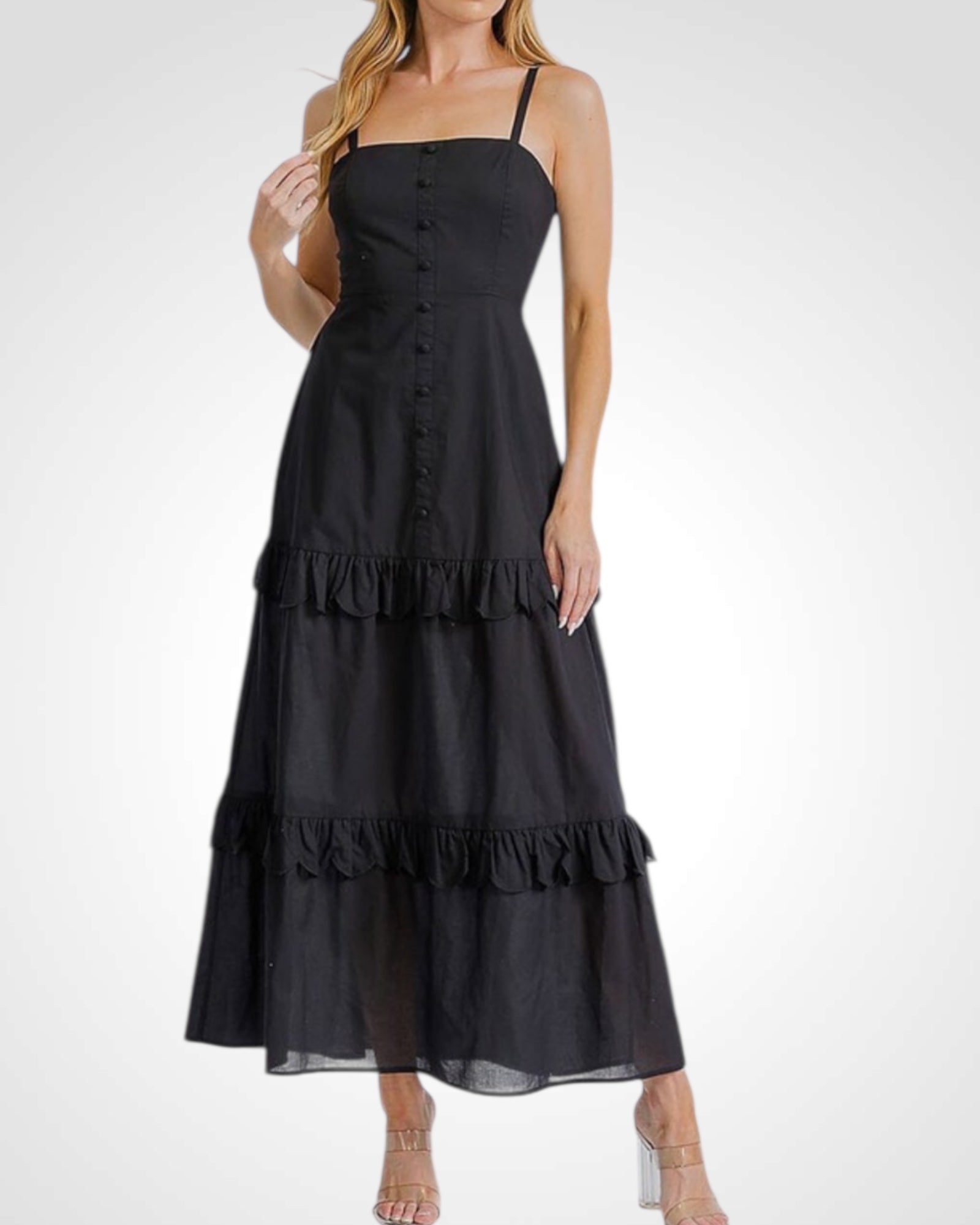 Button Detailed Tiered Ruffle Open Back Maxi Dress