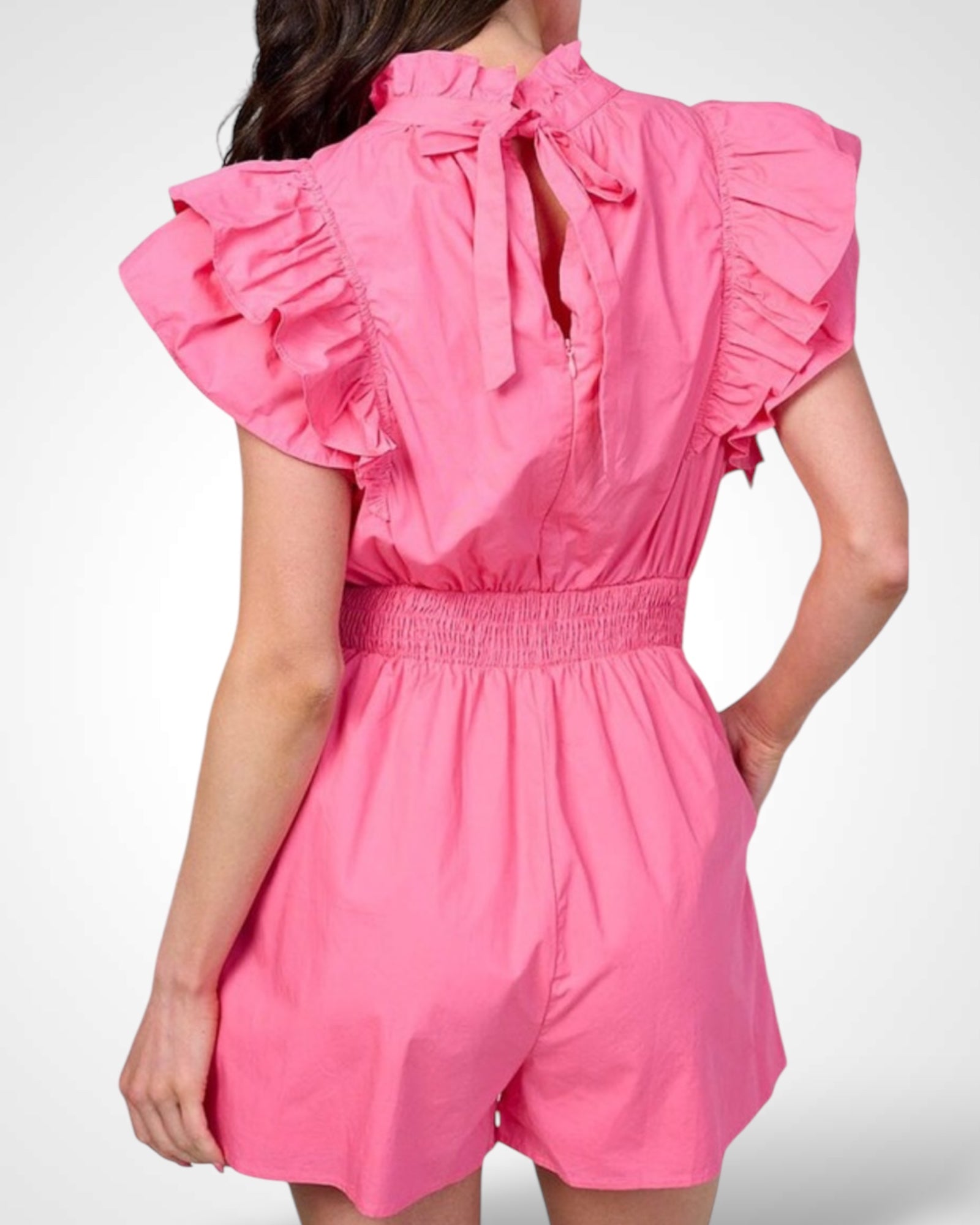 RUFFLE SLEEVE MOCK NECK SMOCK WAIST ROMPER (Pink)