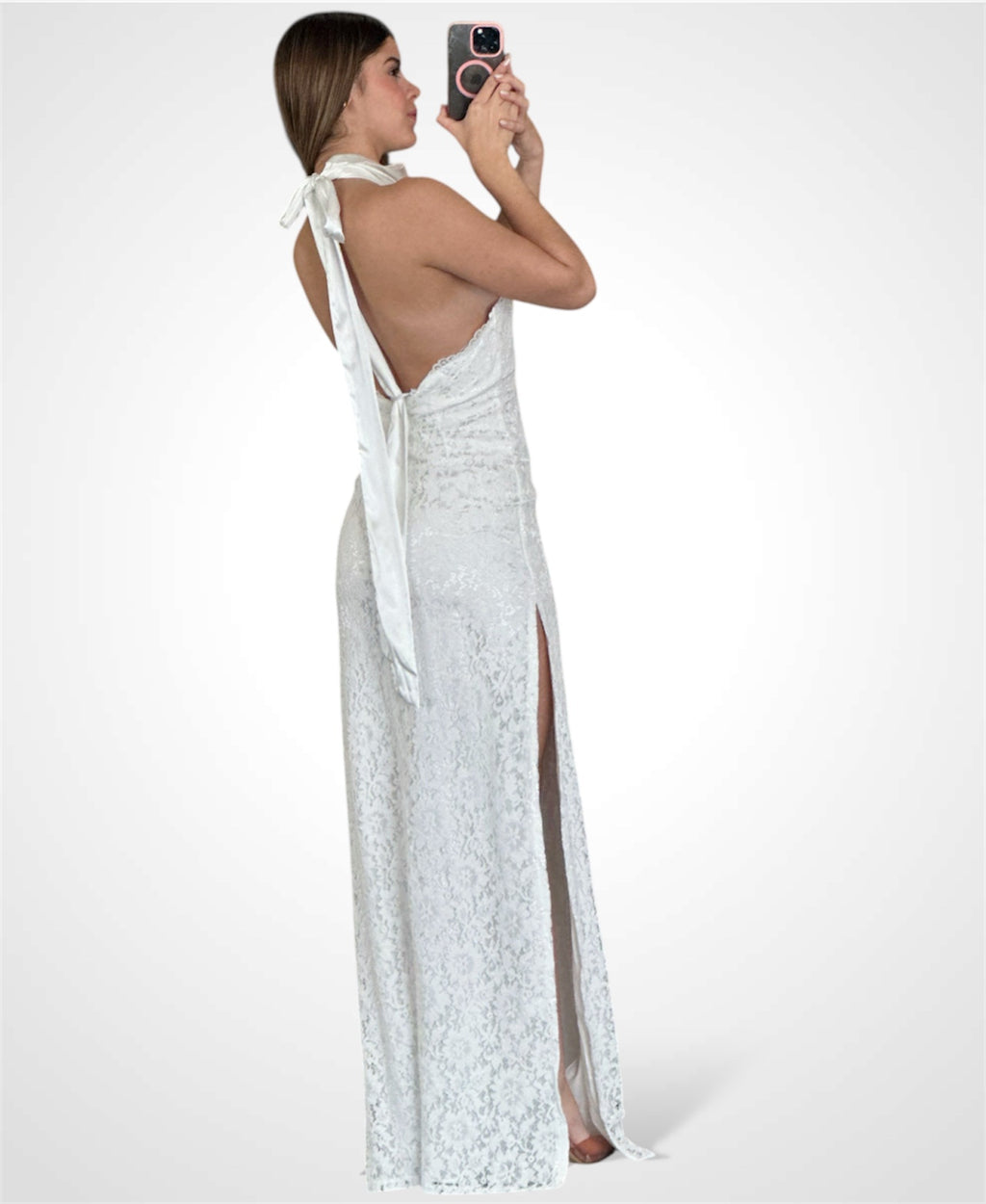 WHITE FLORAL LACE HALTER TIE MAXI DRESS