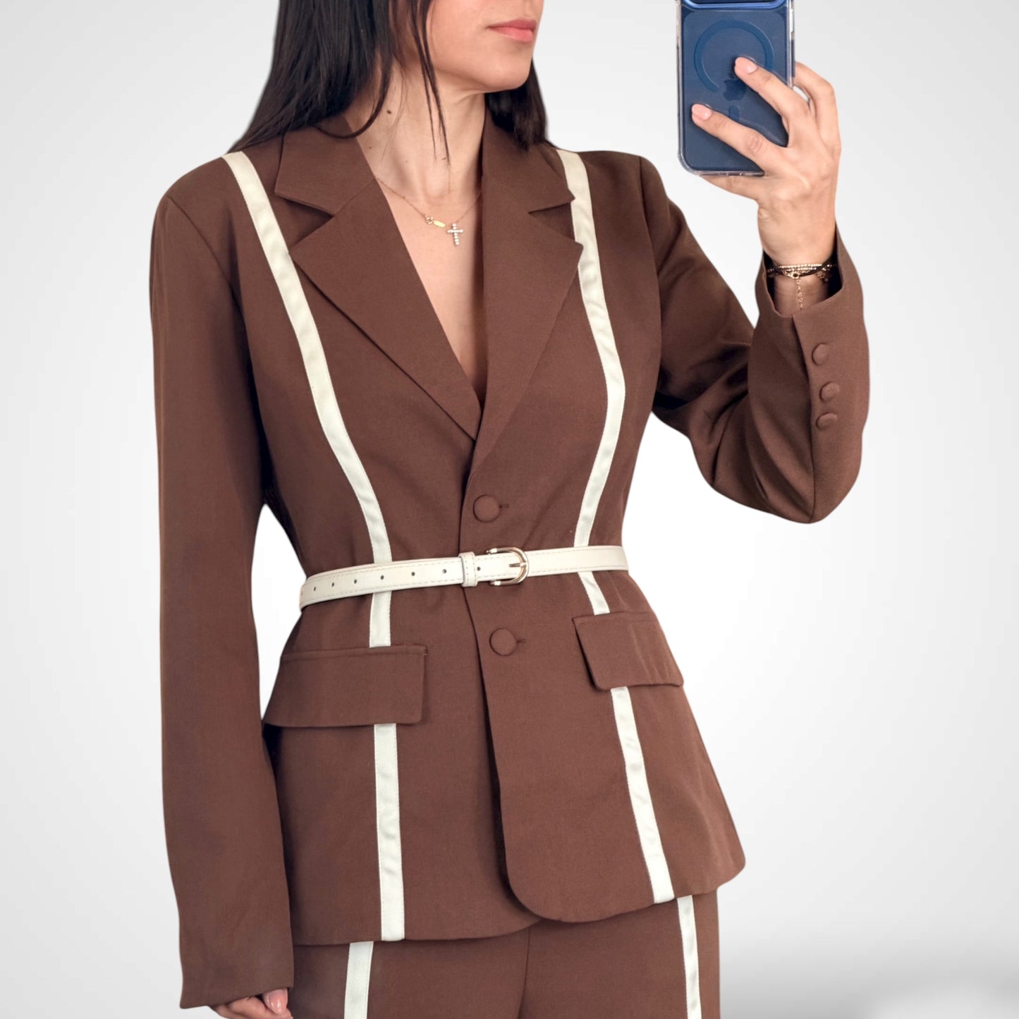 Contrast Brown Trim Blazer and Pants Set