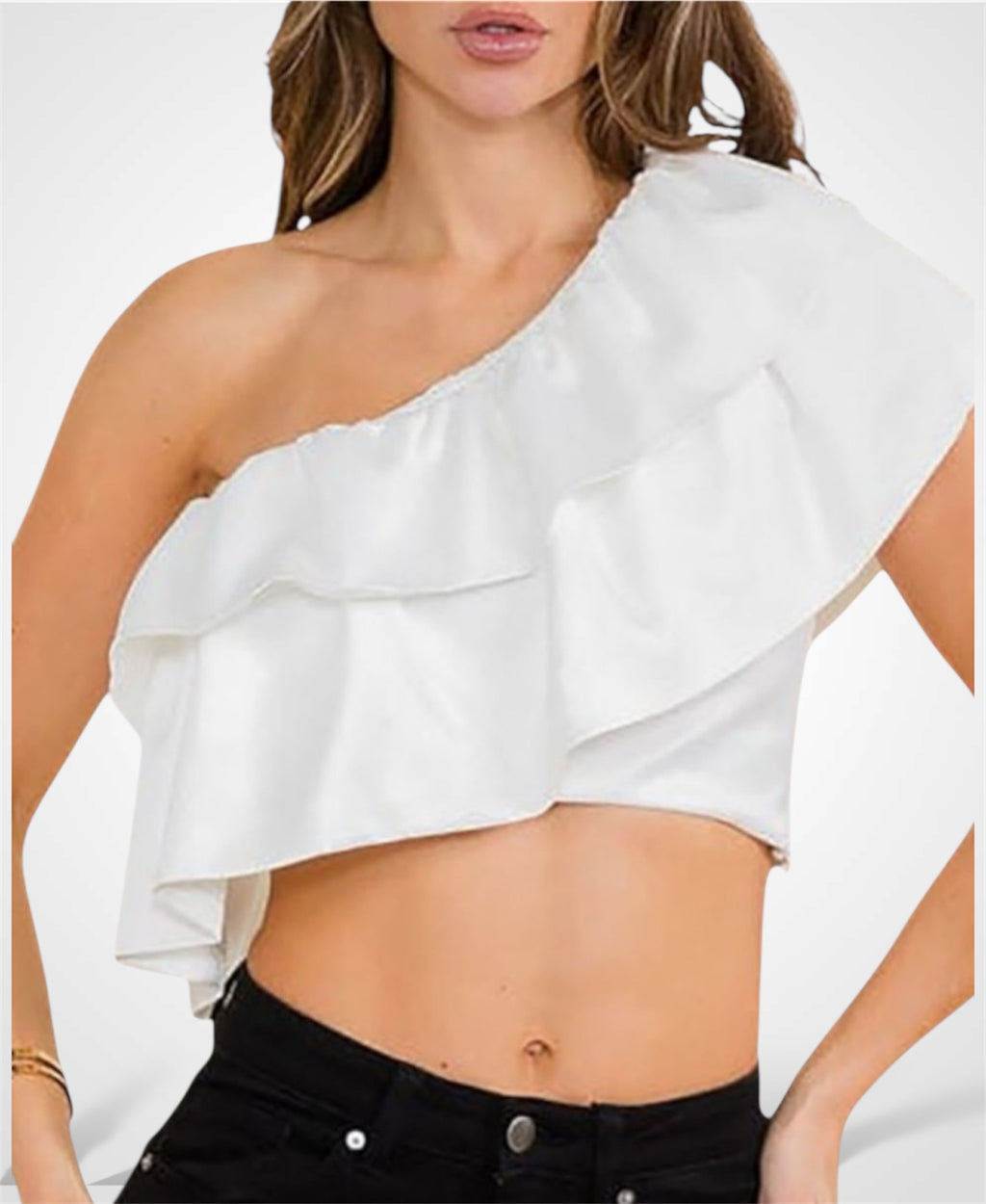 SOLID ONE SHOULDER RUFFLE DETAIL CROP TOP