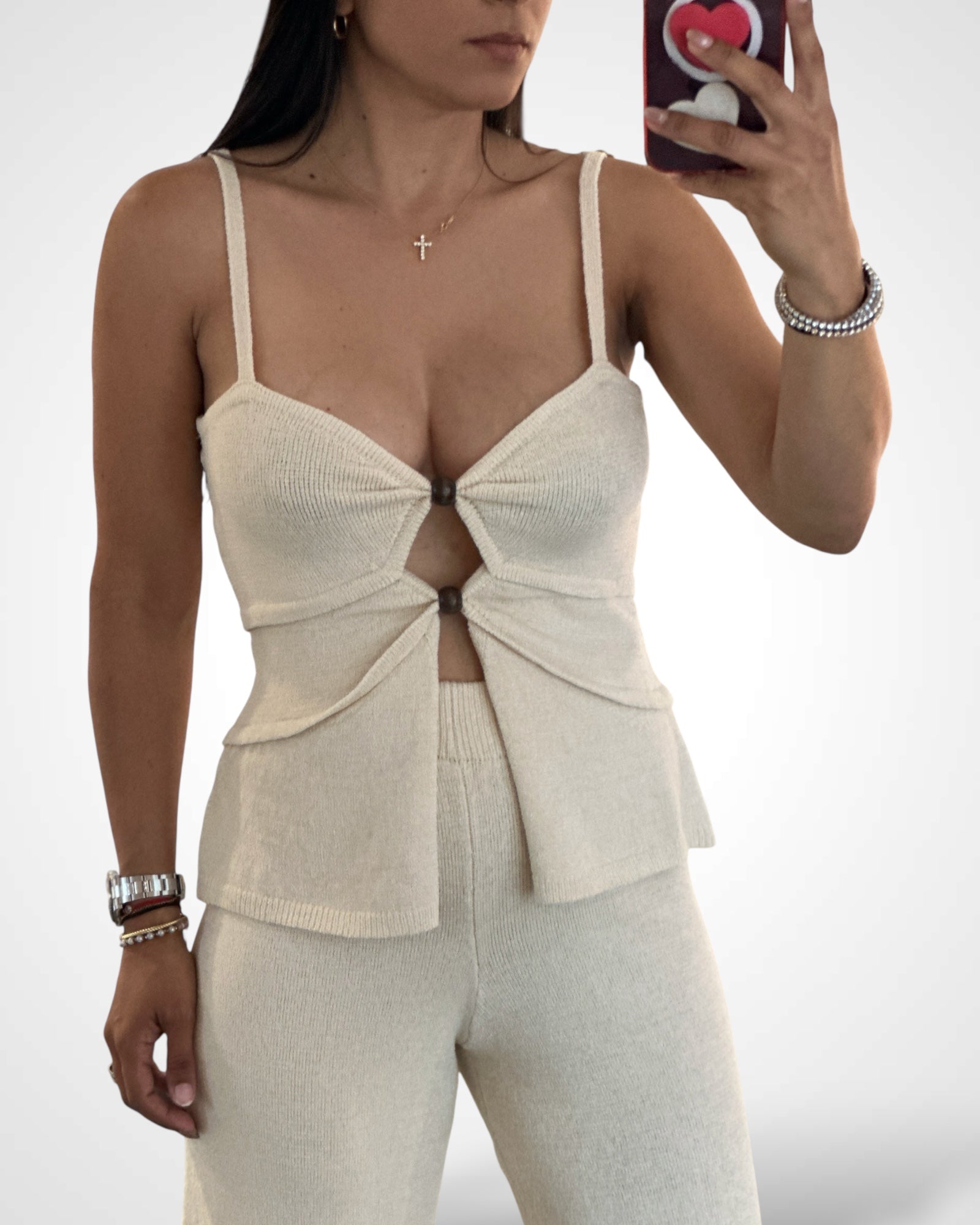 Cream Knit Long and Top Pants Set•-2
