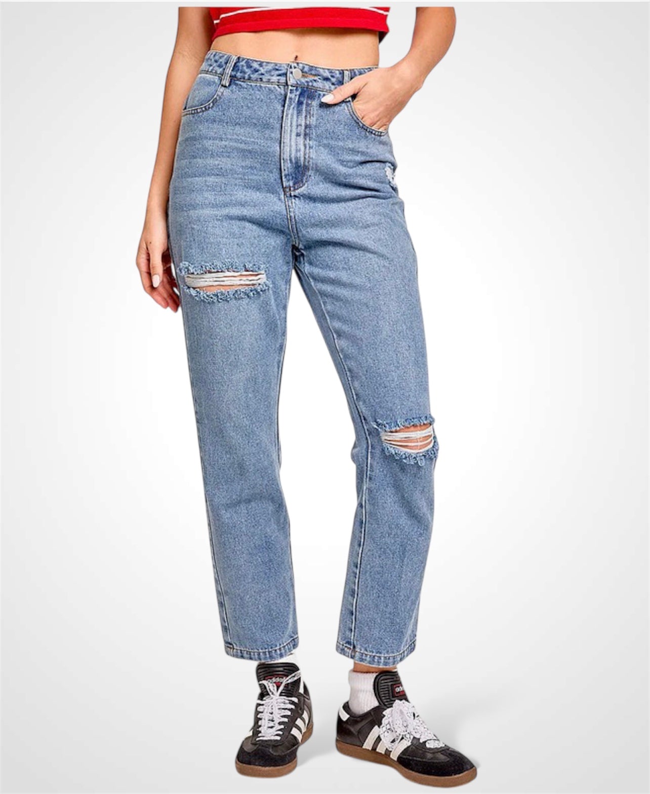 HIGH WAIST DISTRESSED WASHED JEANS•