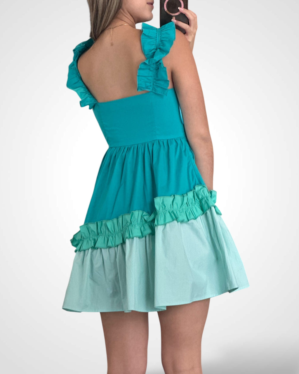 COLOR BLOCK SLEEVELESS RUFFLE TIERED MINI DRESS
